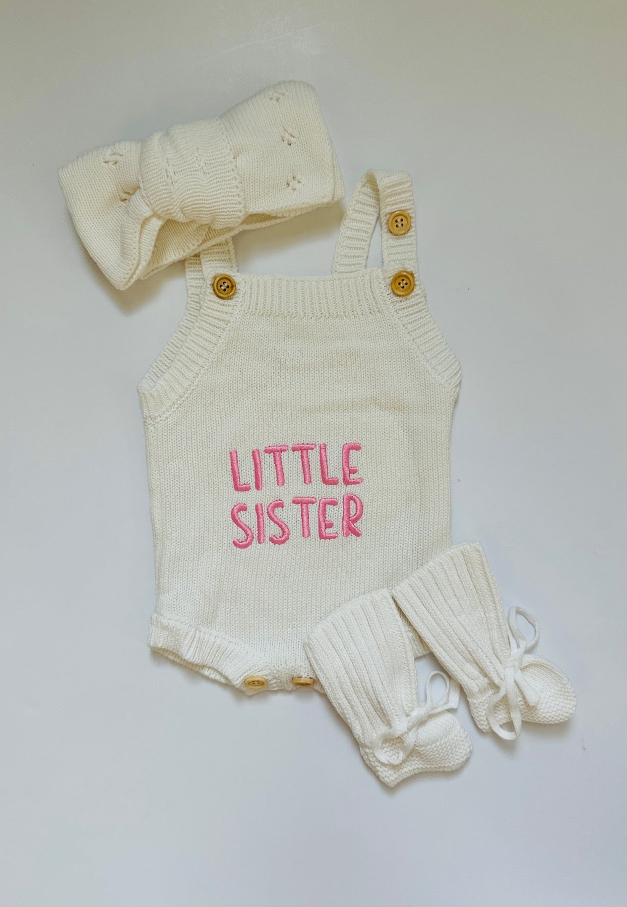 Newborn Knit Romper Set – Hello World, Little Sister And Little Brother Embroidered Baby Outfit With Hat & Booties Or Headband | Soft Coming Home Outfit