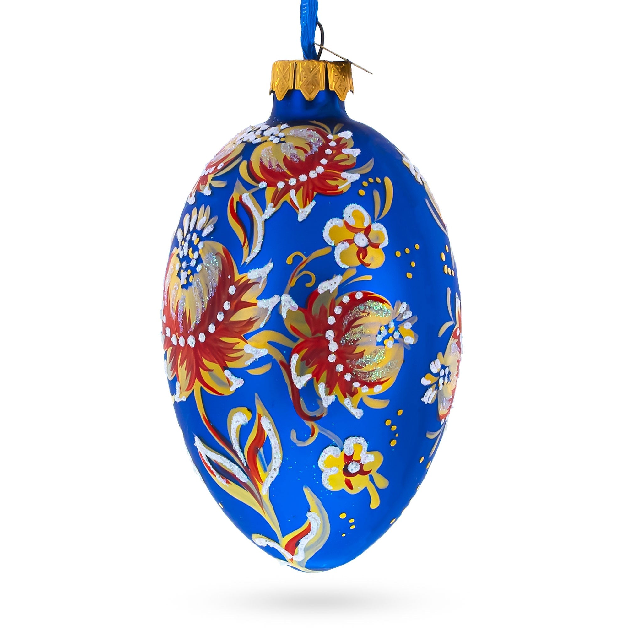 Golden Blue Floral Glass Egg Ornament 4 Inches