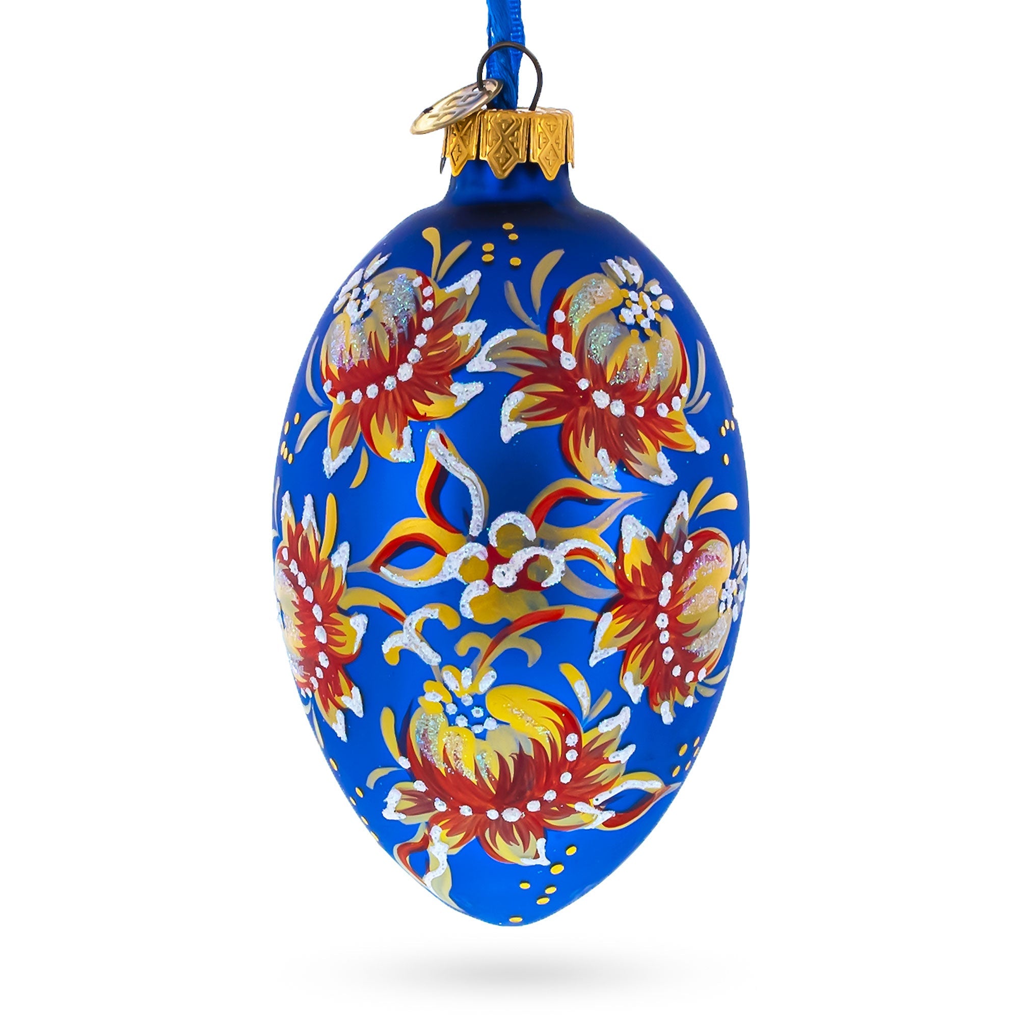 Golden Blue Floral Glass Egg Ornament 4 Inches