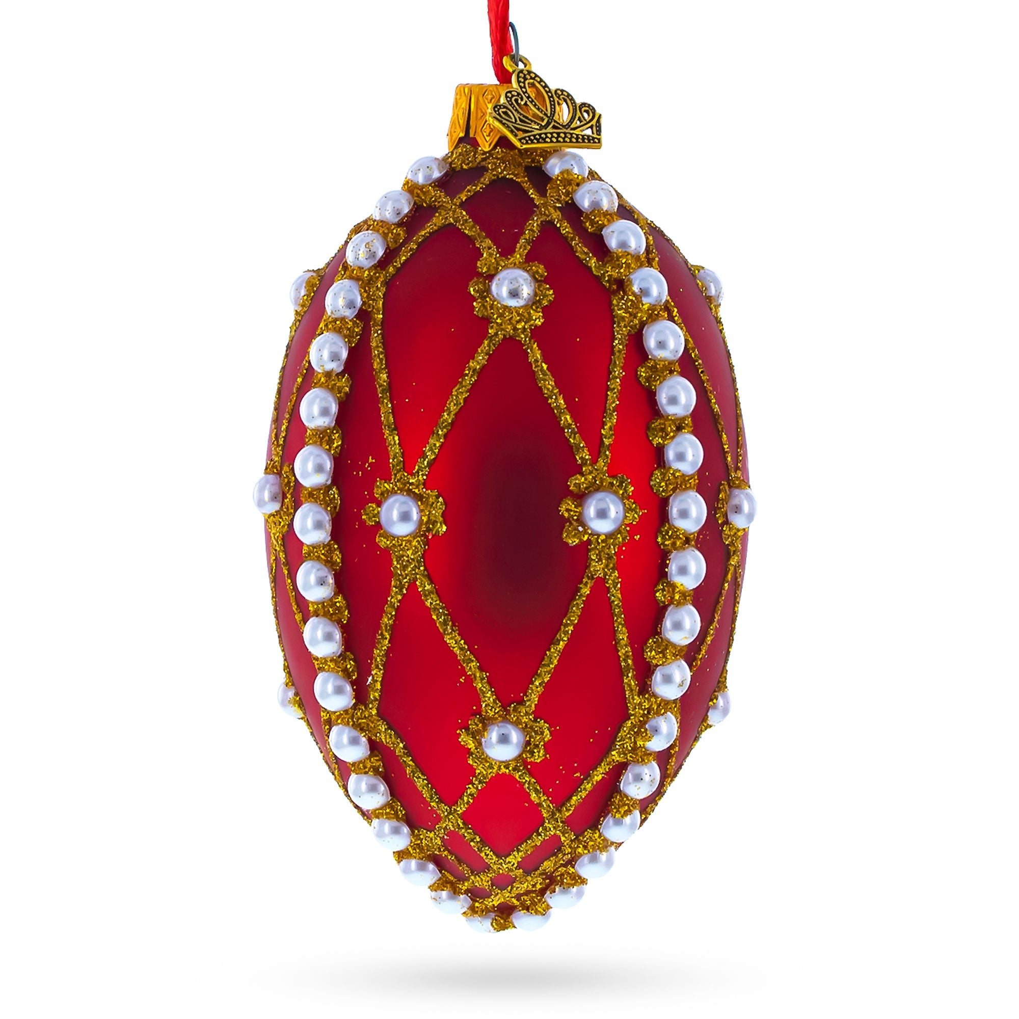 White Pearl Trellis On Red Glass Egg Christmas Ornament 4 Inches