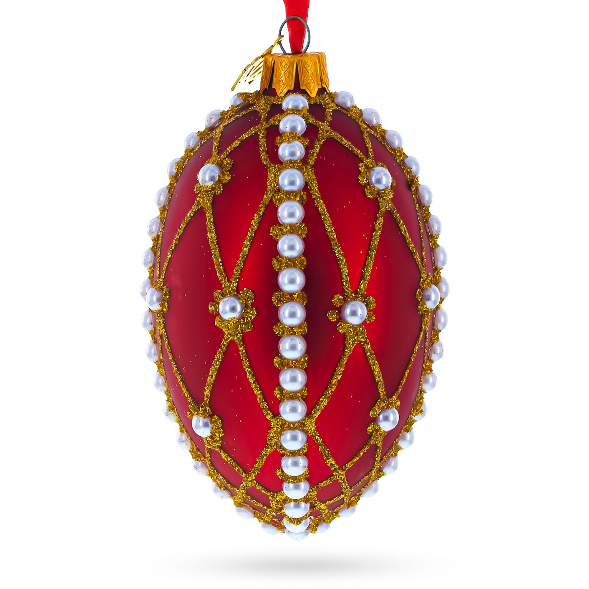 White Pearl Trellis On Red Glass Egg Christmas Ornament 4 Inches