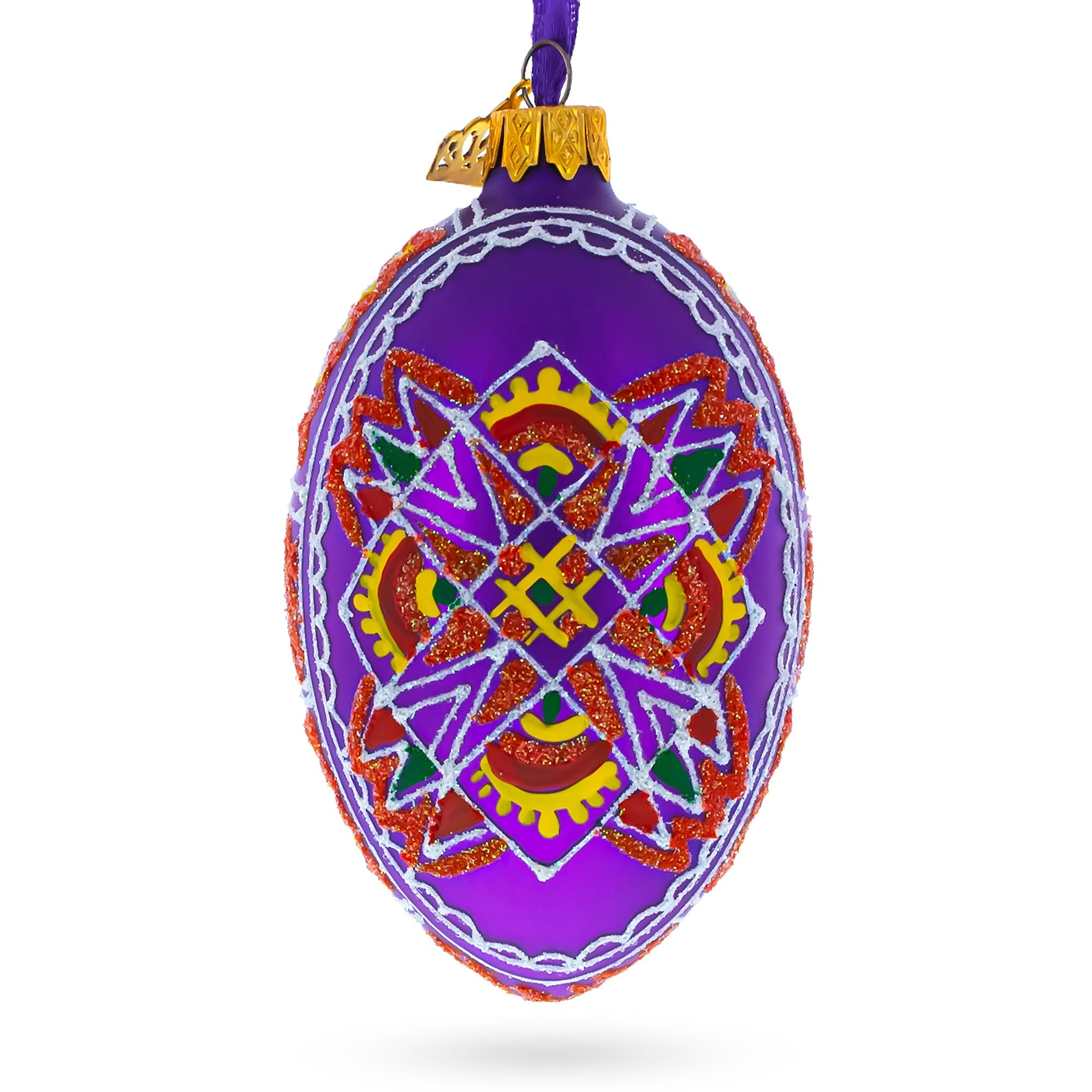 Purple Geometric Ukrainian Egg Glass Christmas Ornament 4 Inches