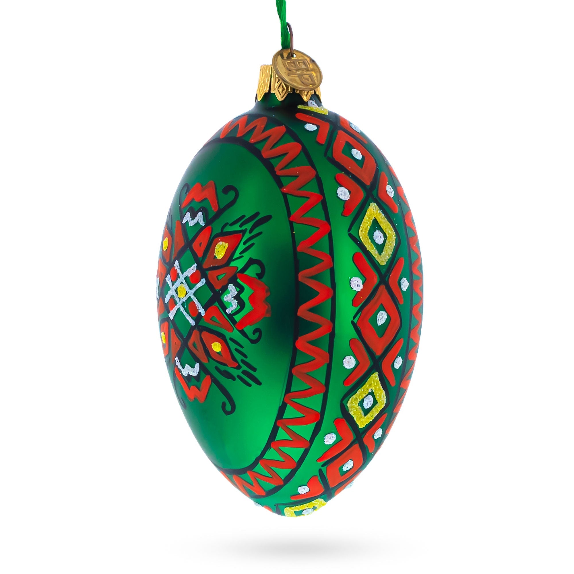 Green Geometric Ukrainian Egg Glass Christmas Ornament 4 Inches