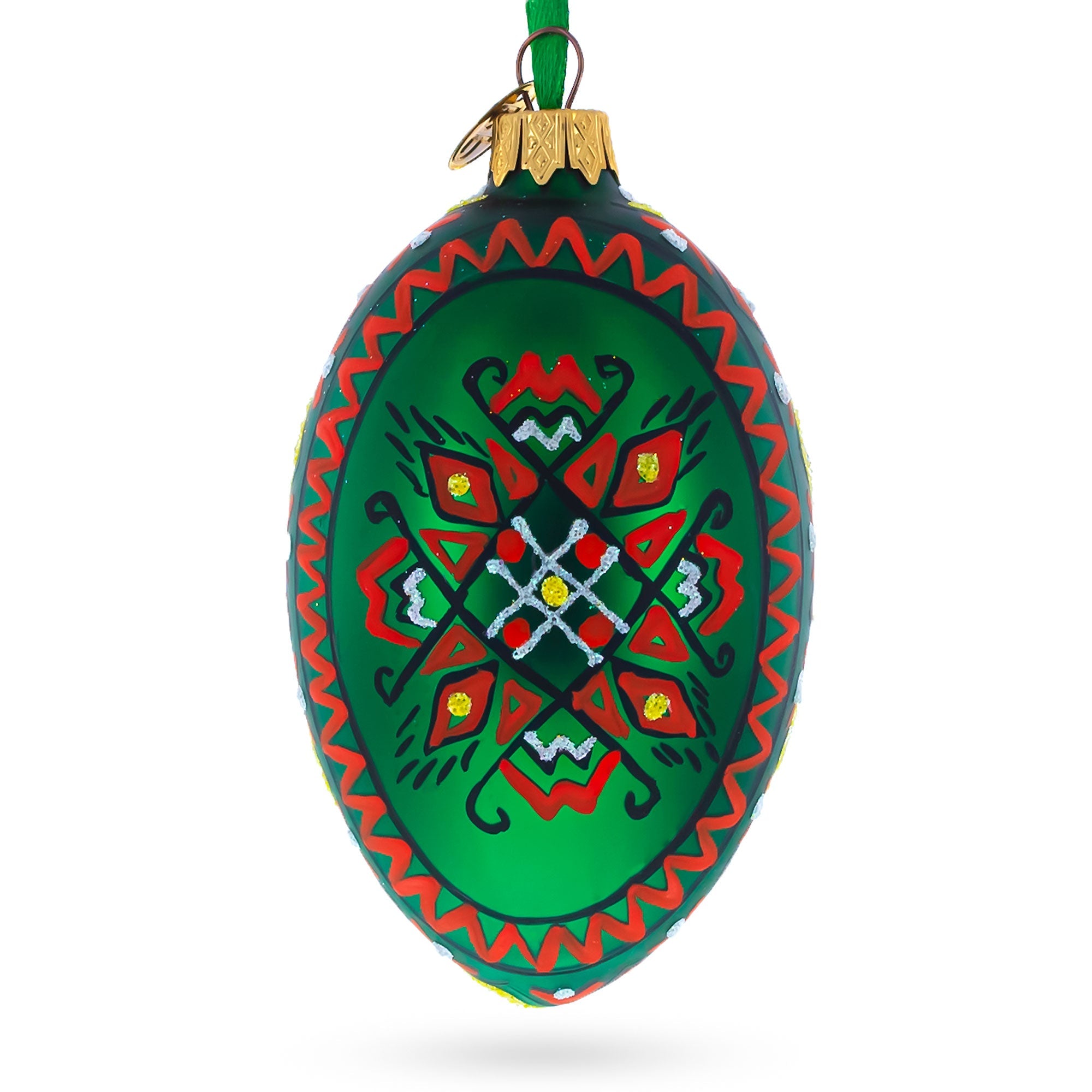 Green Geometric Ukrainian Egg Glass Christmas Ornament 4 Inches