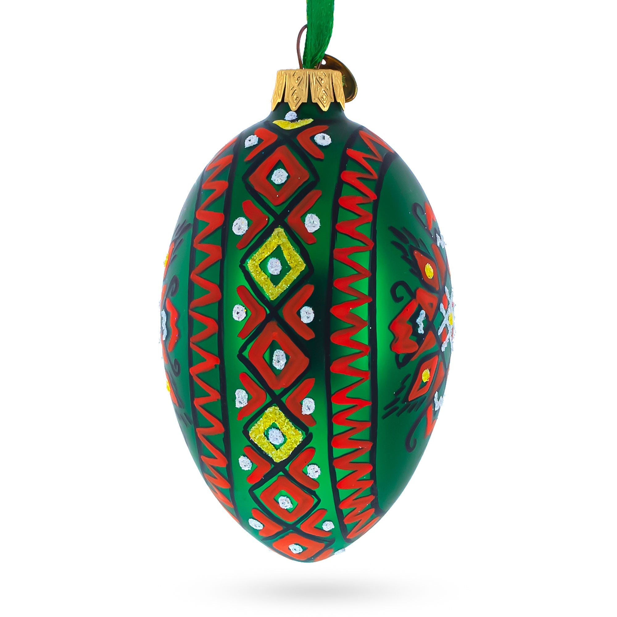 Green Geometric Ukrainian Egg Glass Christmas Ornament 4 Inches