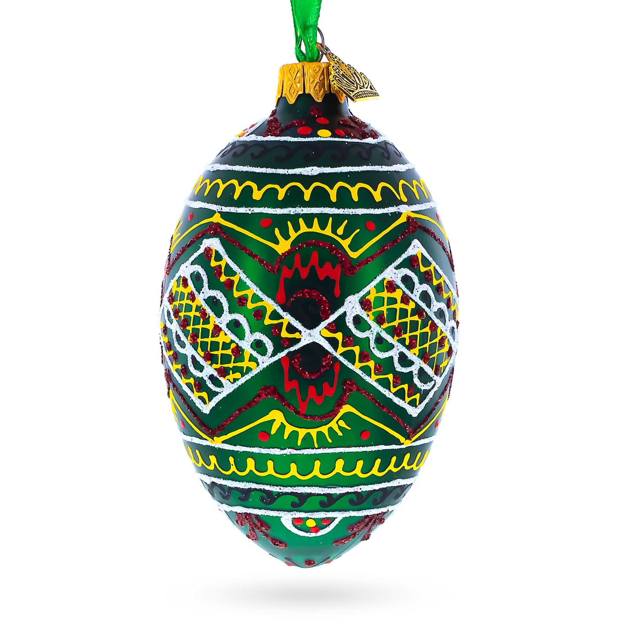 Green Geometric Pysanka Ukrainian Egg Glass Christmas Ornament 4 Inches