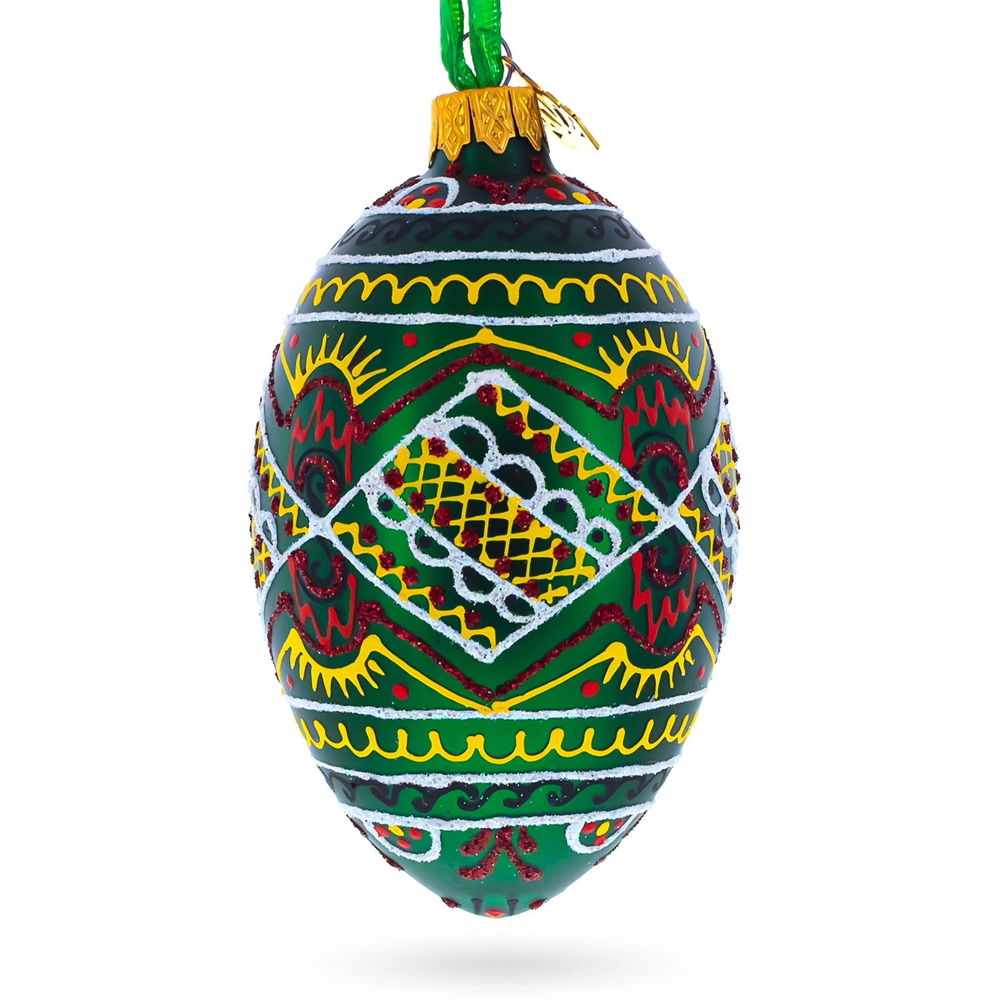 Green Geometric Pysanka Ukrainian Egg Glass Christmas Ornament 4 Inches