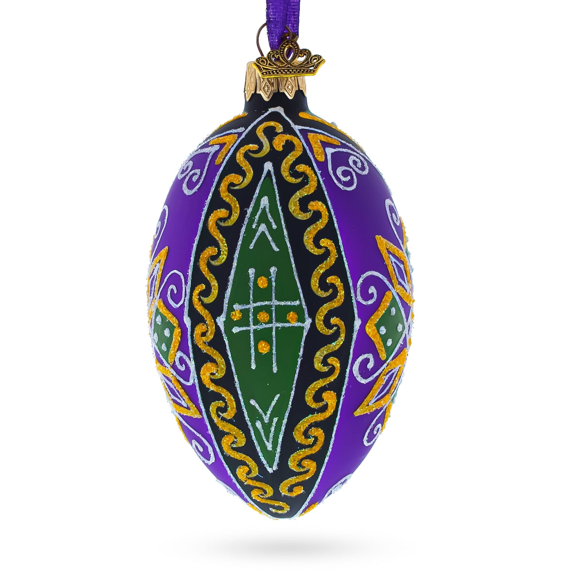 Purple Geometric Ukrainian Pysanka Egg Glass Christmas Ornament 4 Inches