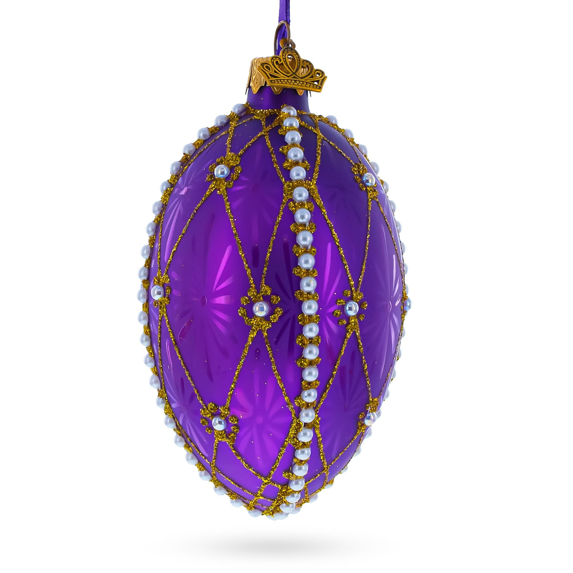 Pearls On Purple Guilloche Glass Egg Christmas Ornament 4 Inches