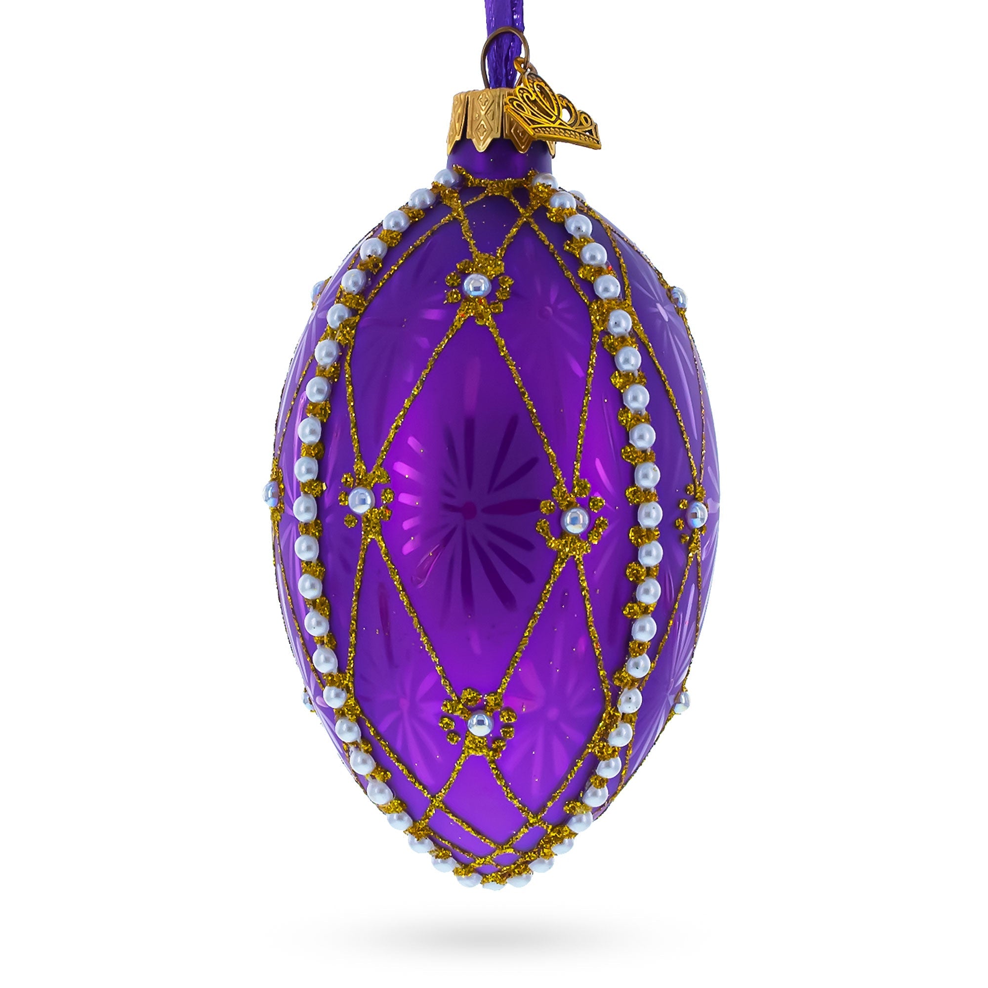 Pearls On Purple Guilloche Glass Egg Christmas Ornament 4 Inches