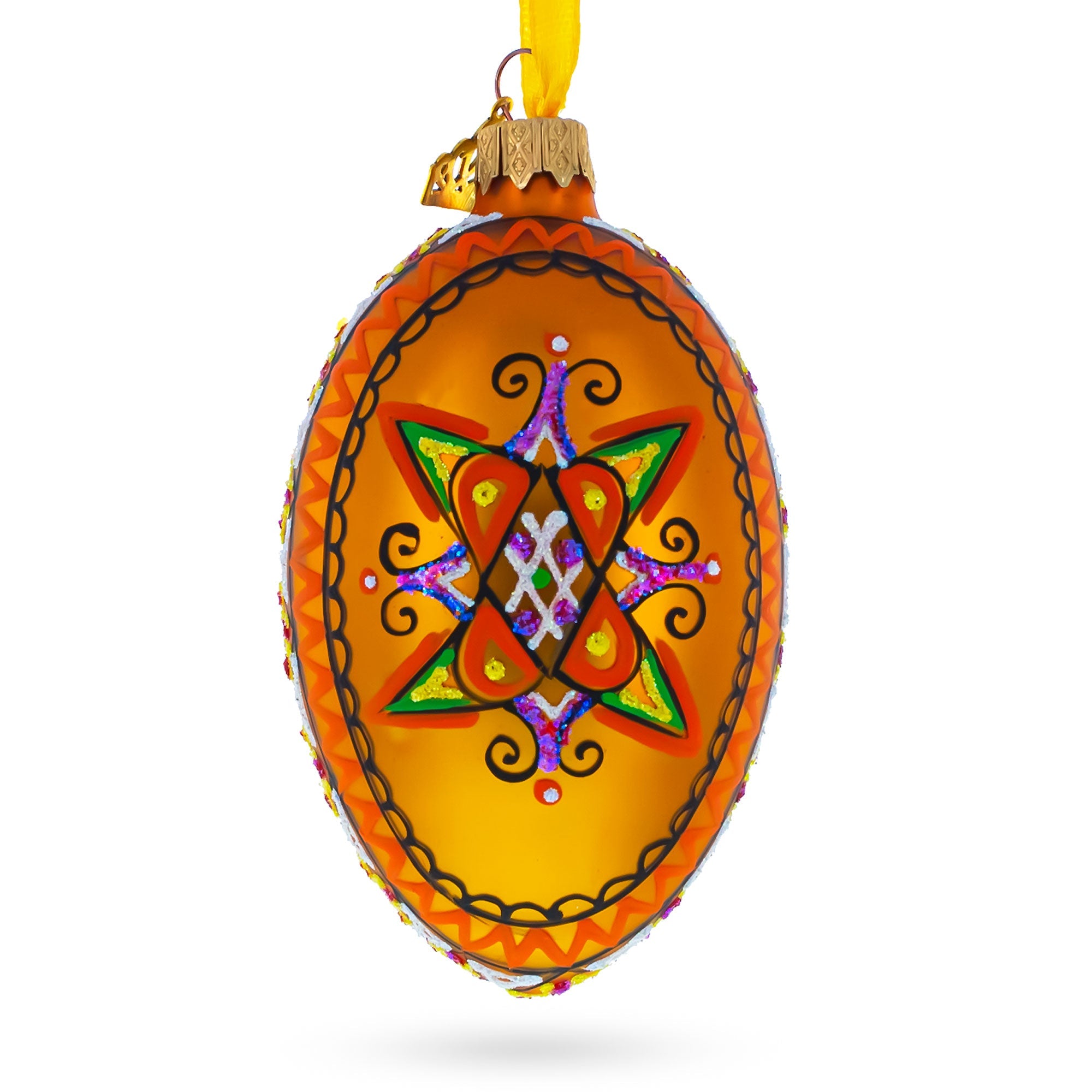 Gold Geometric Ukrainian Egg Glass Christmas Ornament 4 Inches