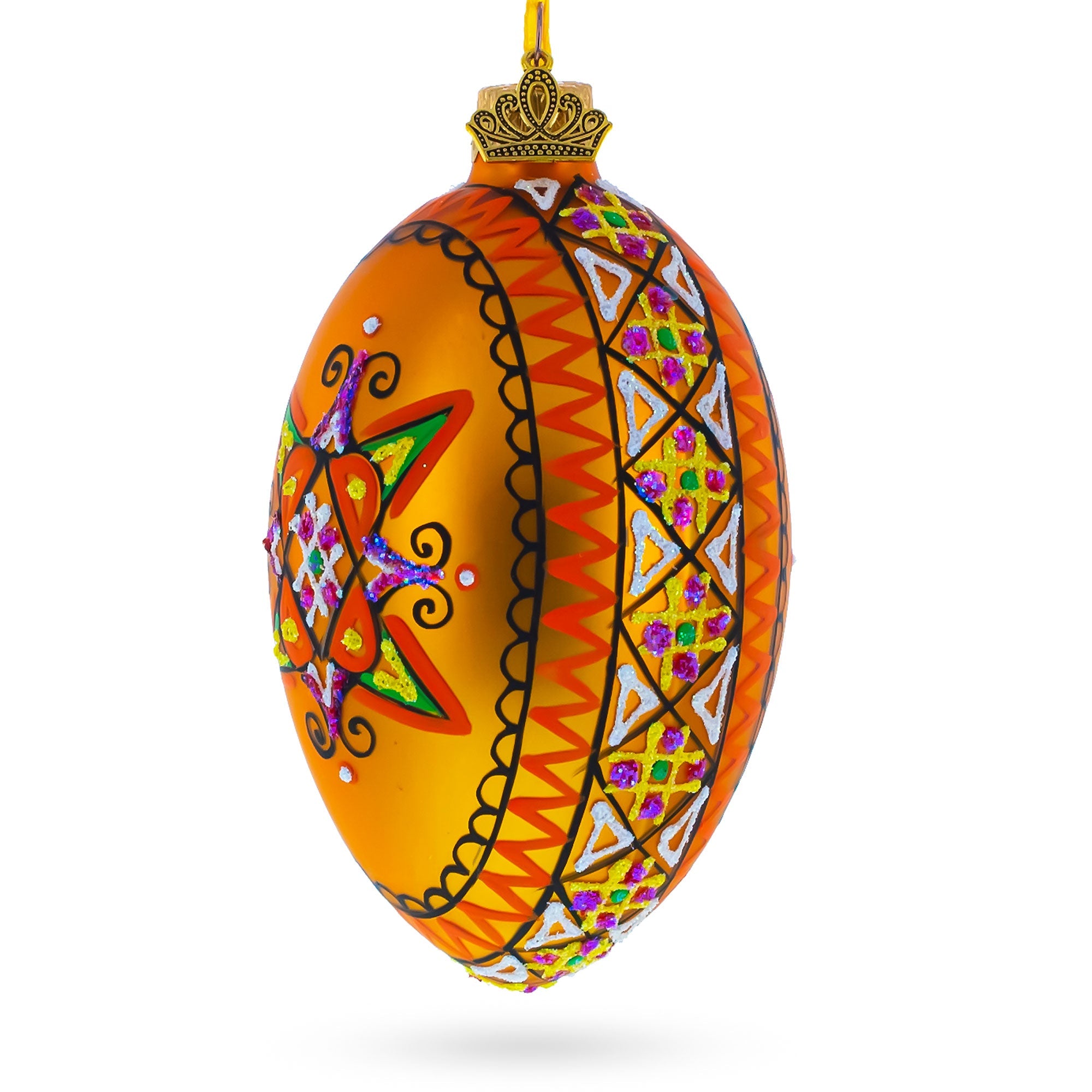 Gold Geometric Ukrainian Egg Glass Christmas Ornament 4 Inches