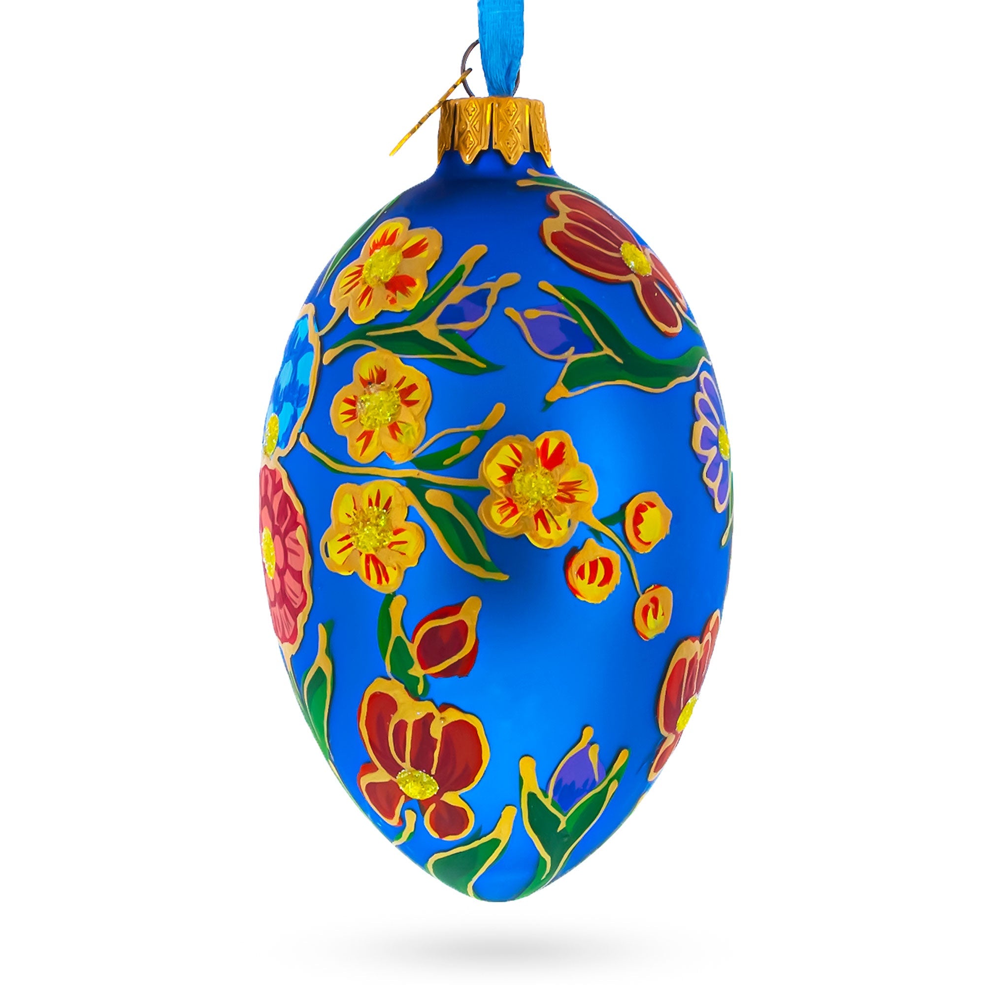 Colorful Flowers On Blue Glass Egg Ornament 4 Inches