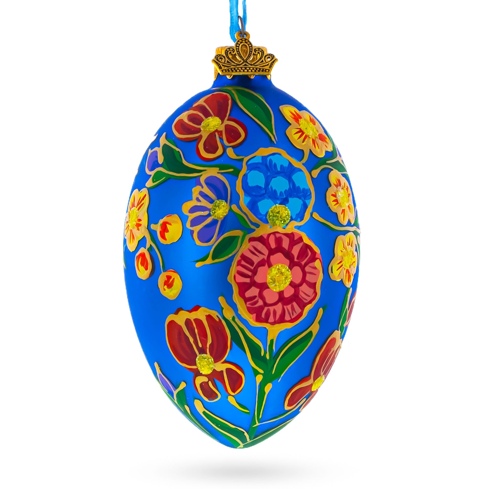 Colorful Flowers On Blue Glass Egg Ornament 4 Inches