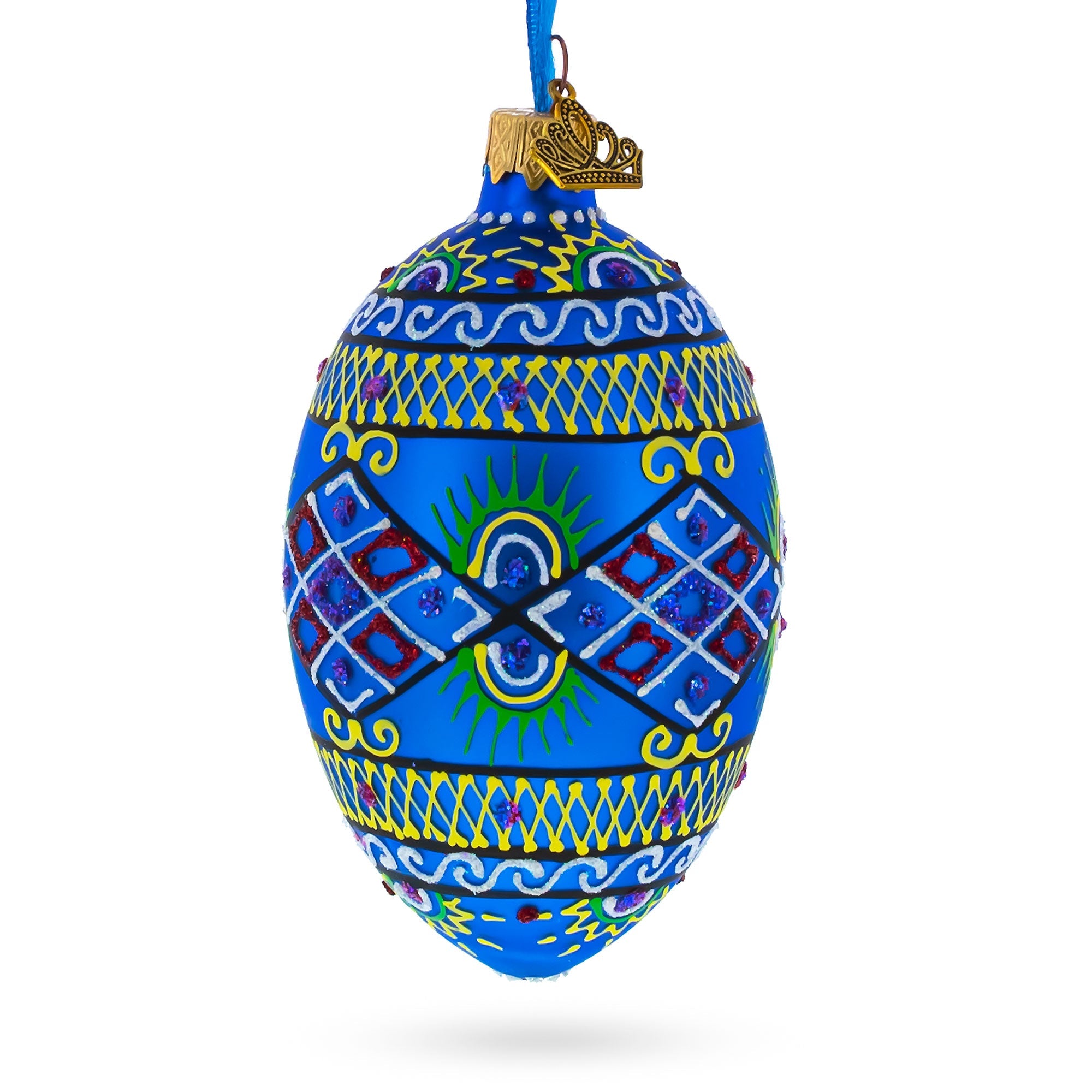 Blue Geometric Ukrainian Egg Glass Christmas Ornament 4 Inches