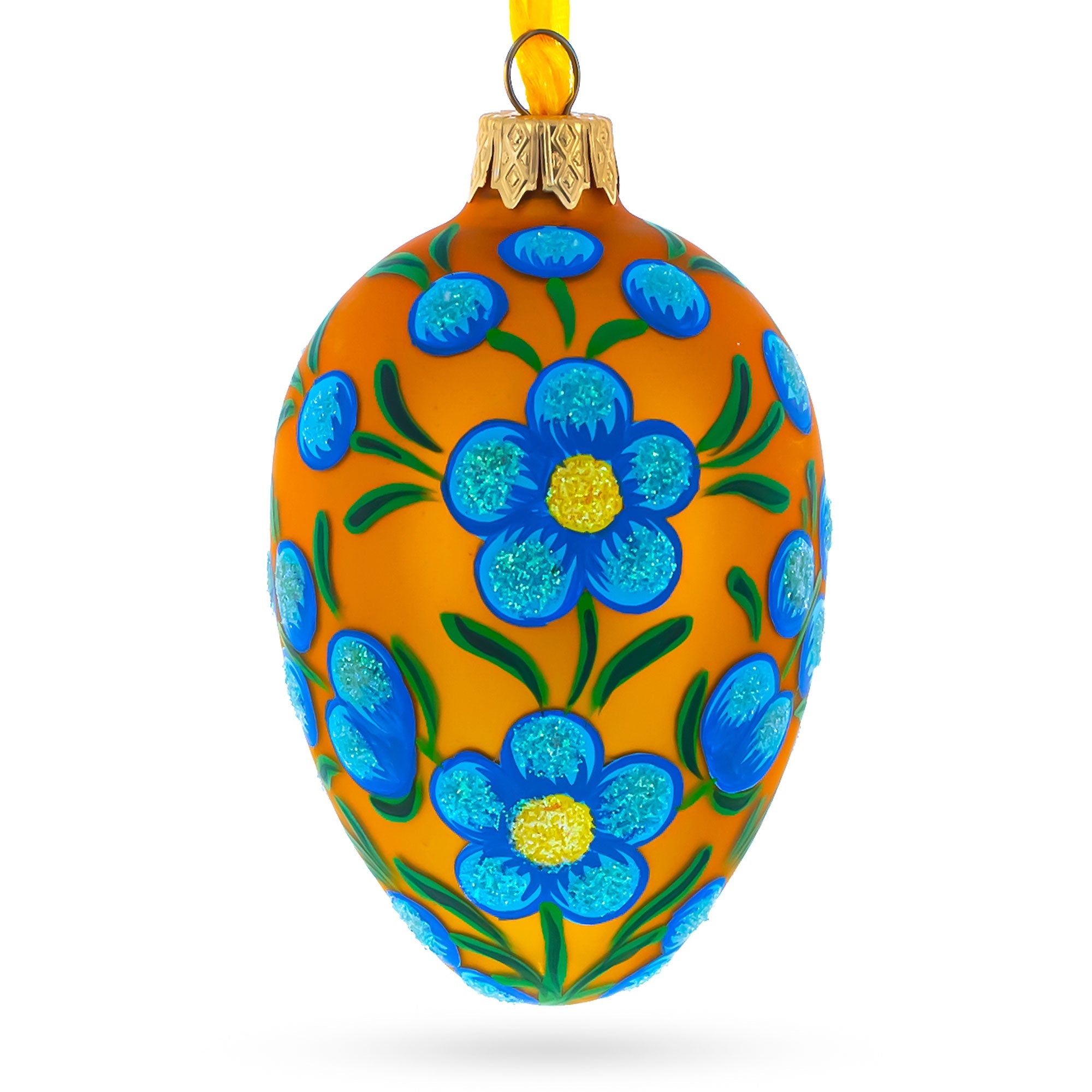 Blue Flowers On Orange Glass Egg Ornament 4 Inches