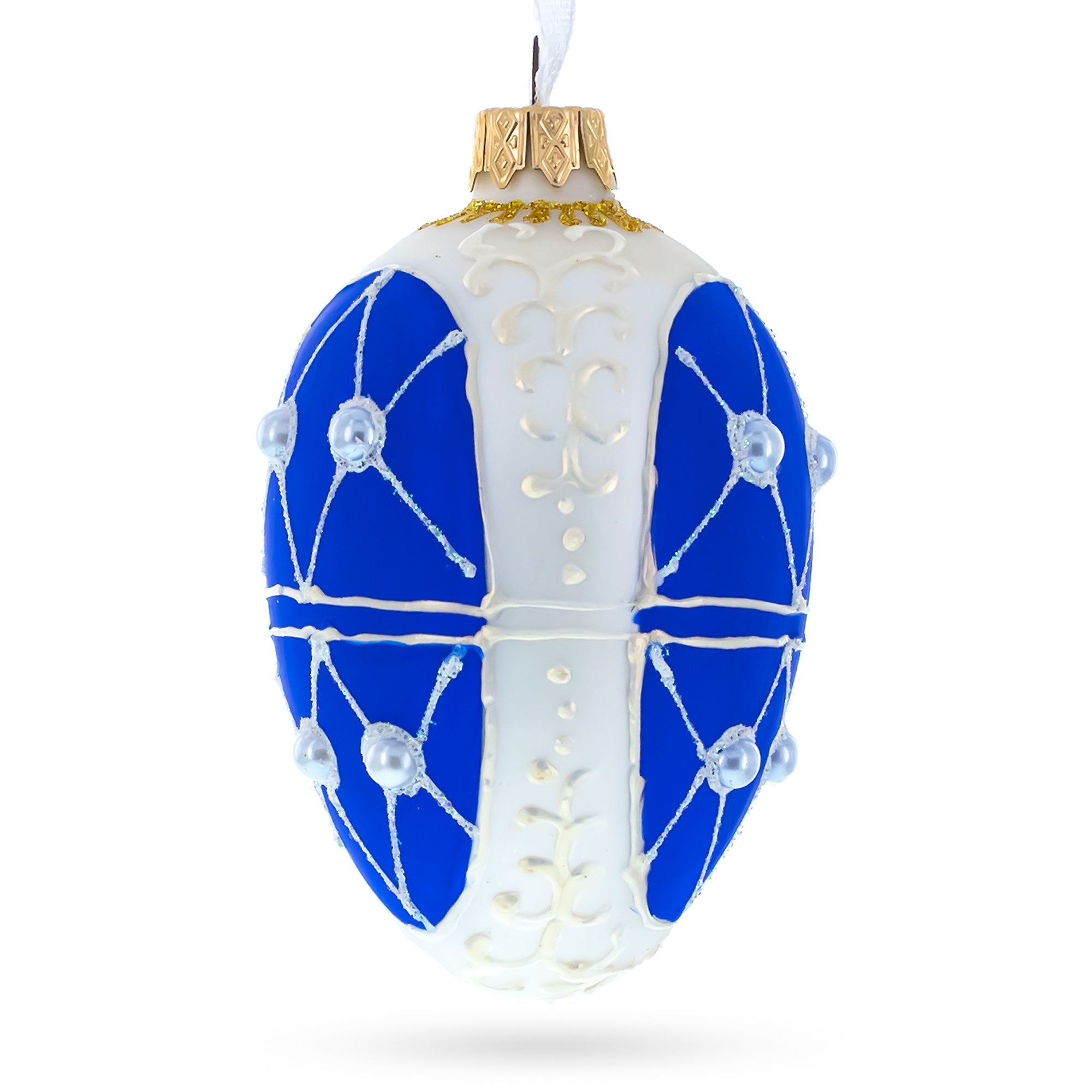 Blue On White Royal Egg Glass Ornament 4 Inches