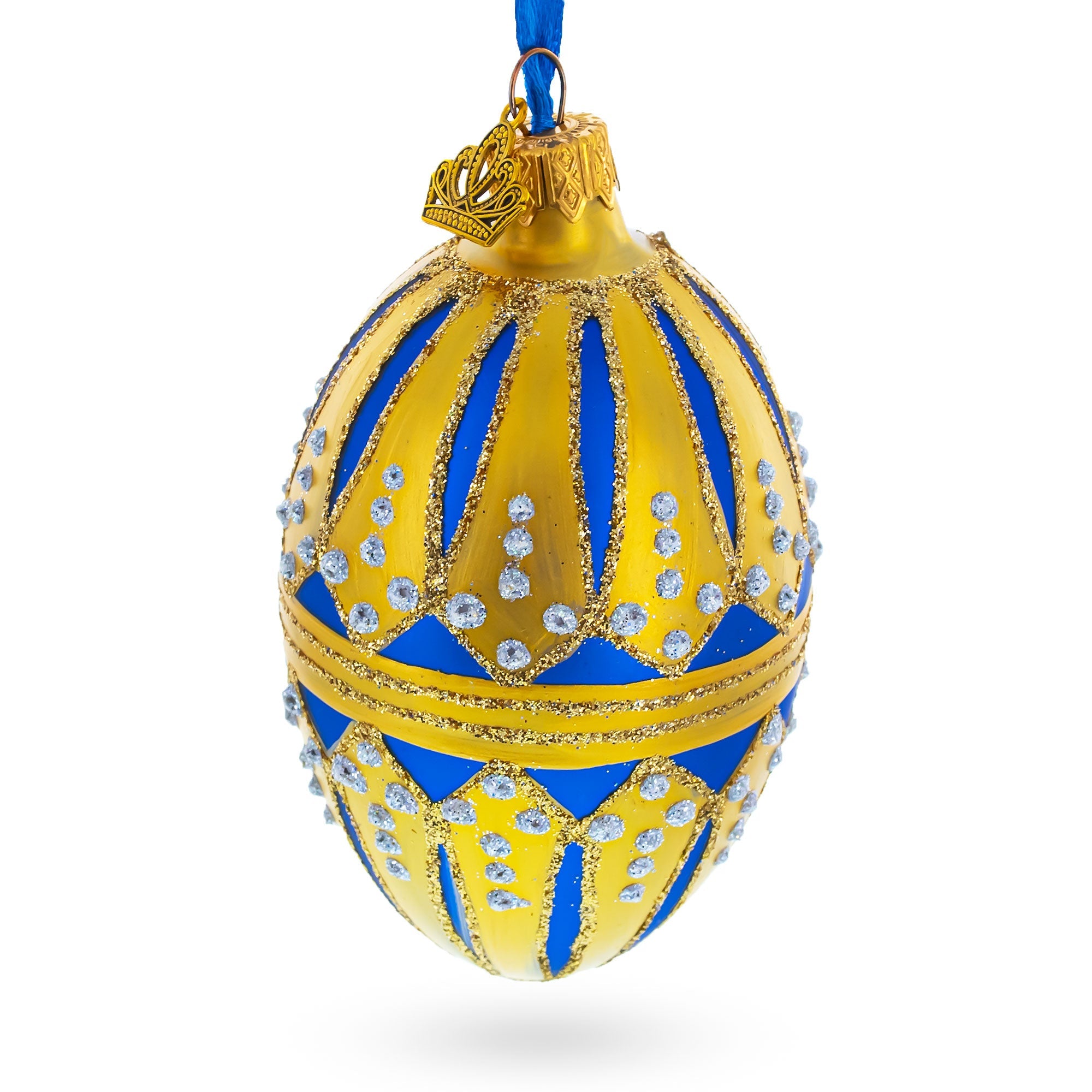 Blue Enamel Royal Inspired Egg Glass Ornament 4 Inches