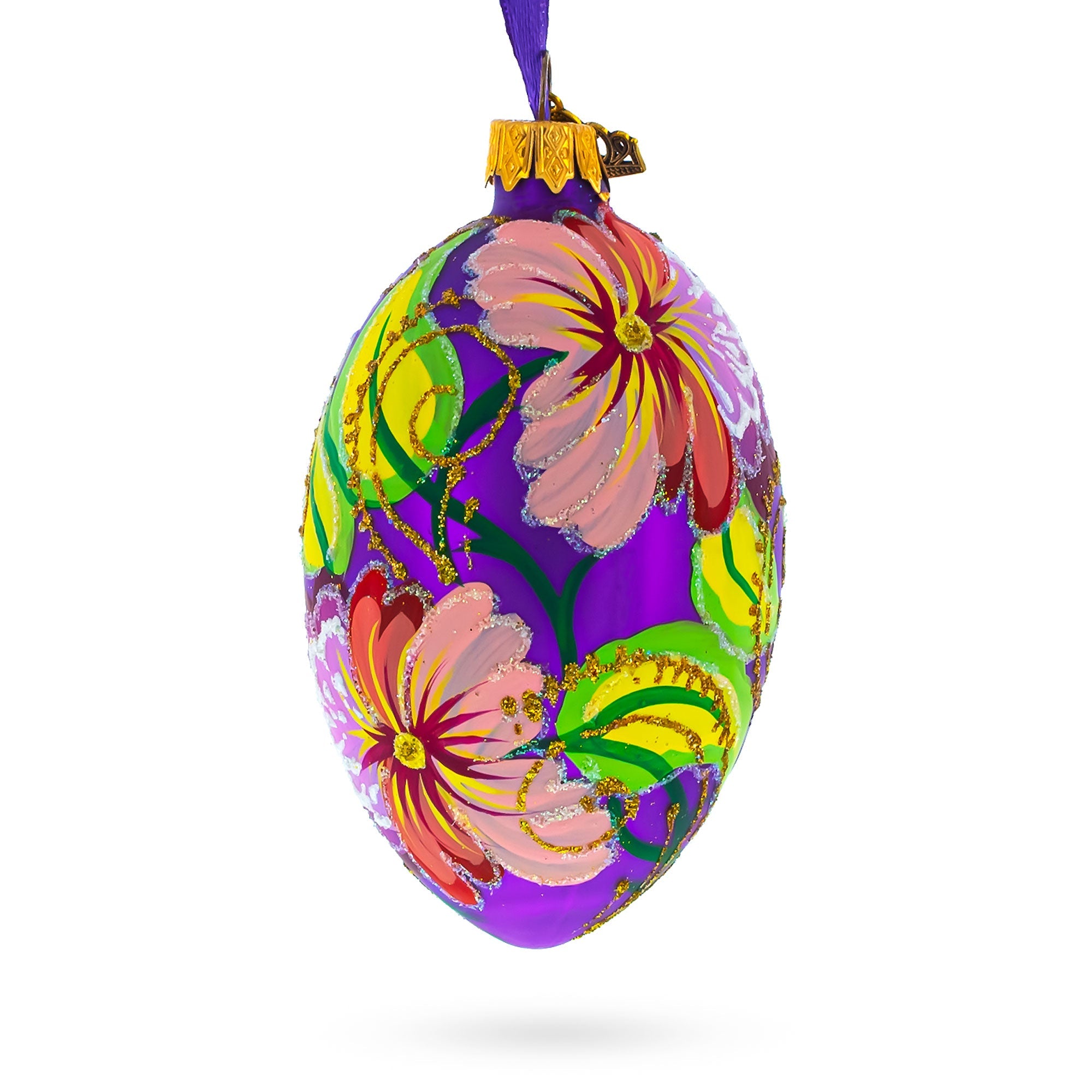 Flowers On Purple Glass Egg Ornament 4 Inches