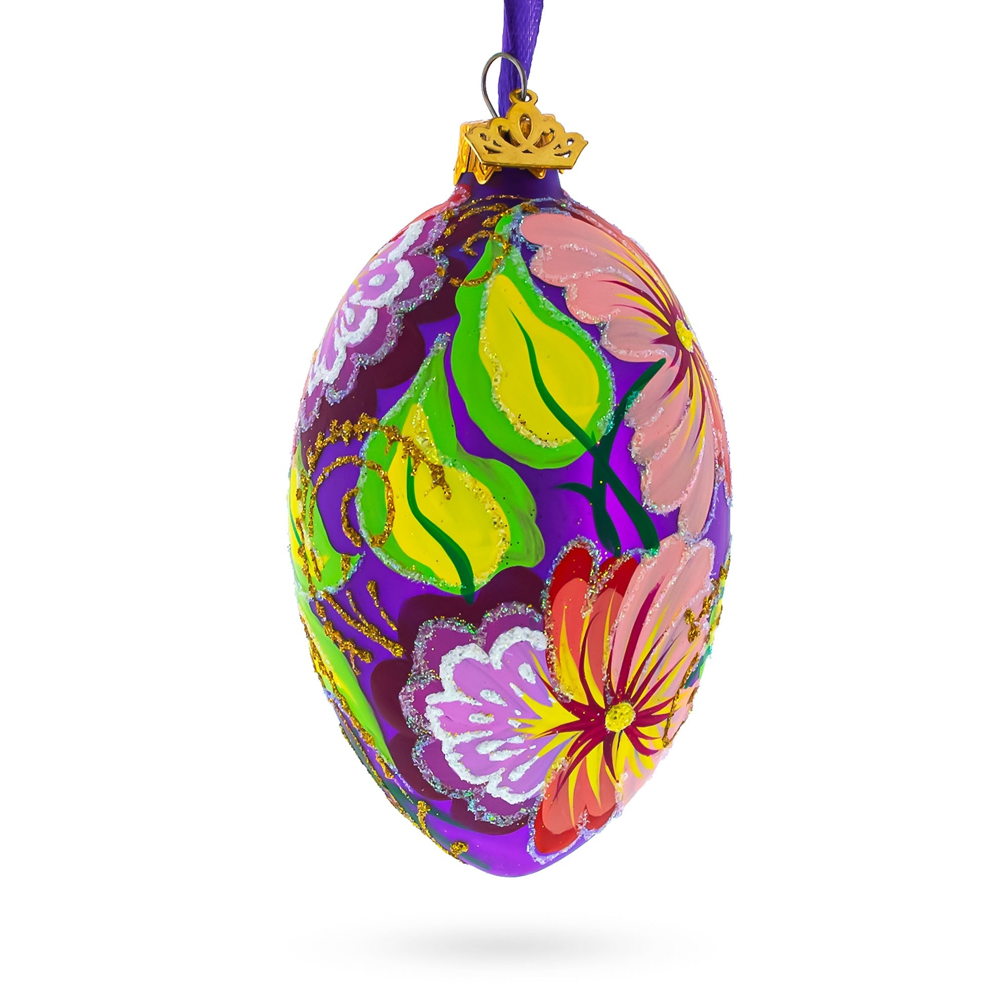 Flowers On Purple Glass Egg Ornament 4 Inches