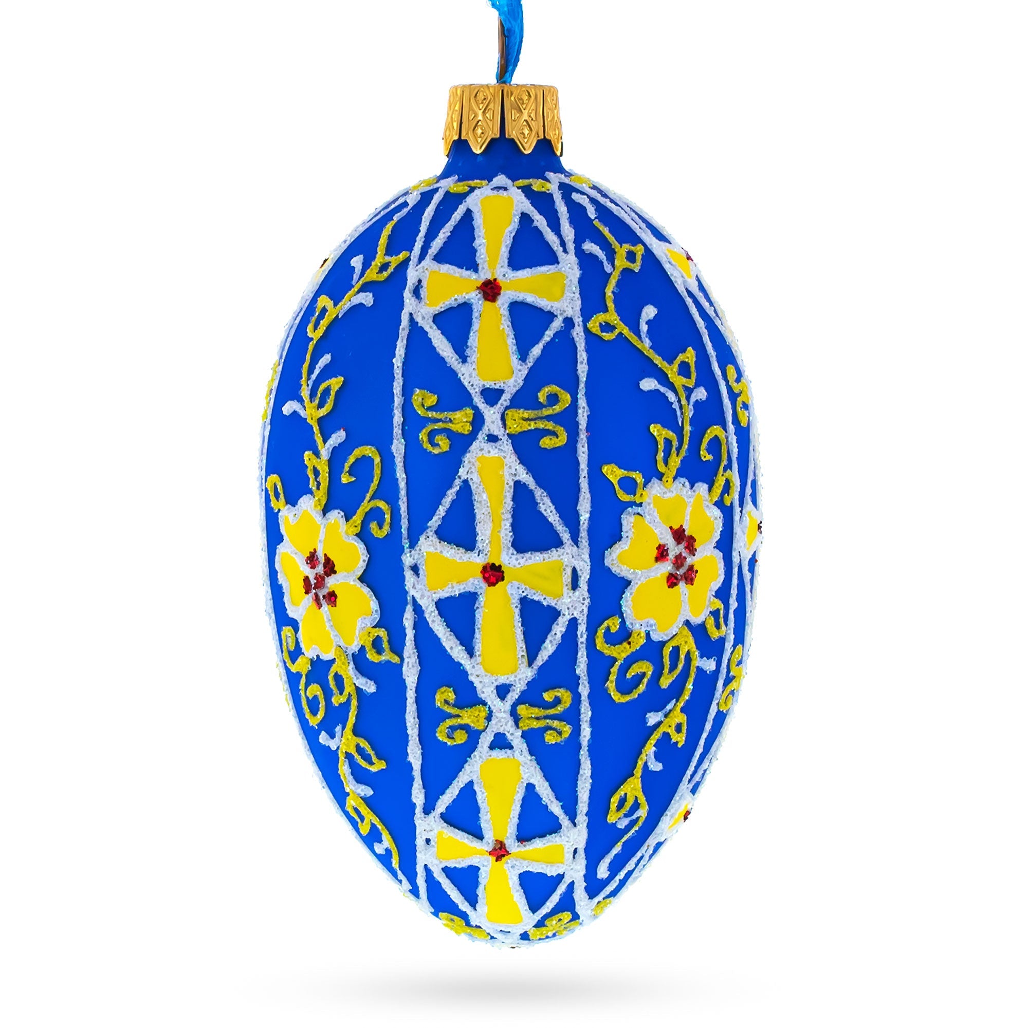 Sunlit Blossoms: Blue With Yellow Floral Design Glass Egg Ornament 4 Inches