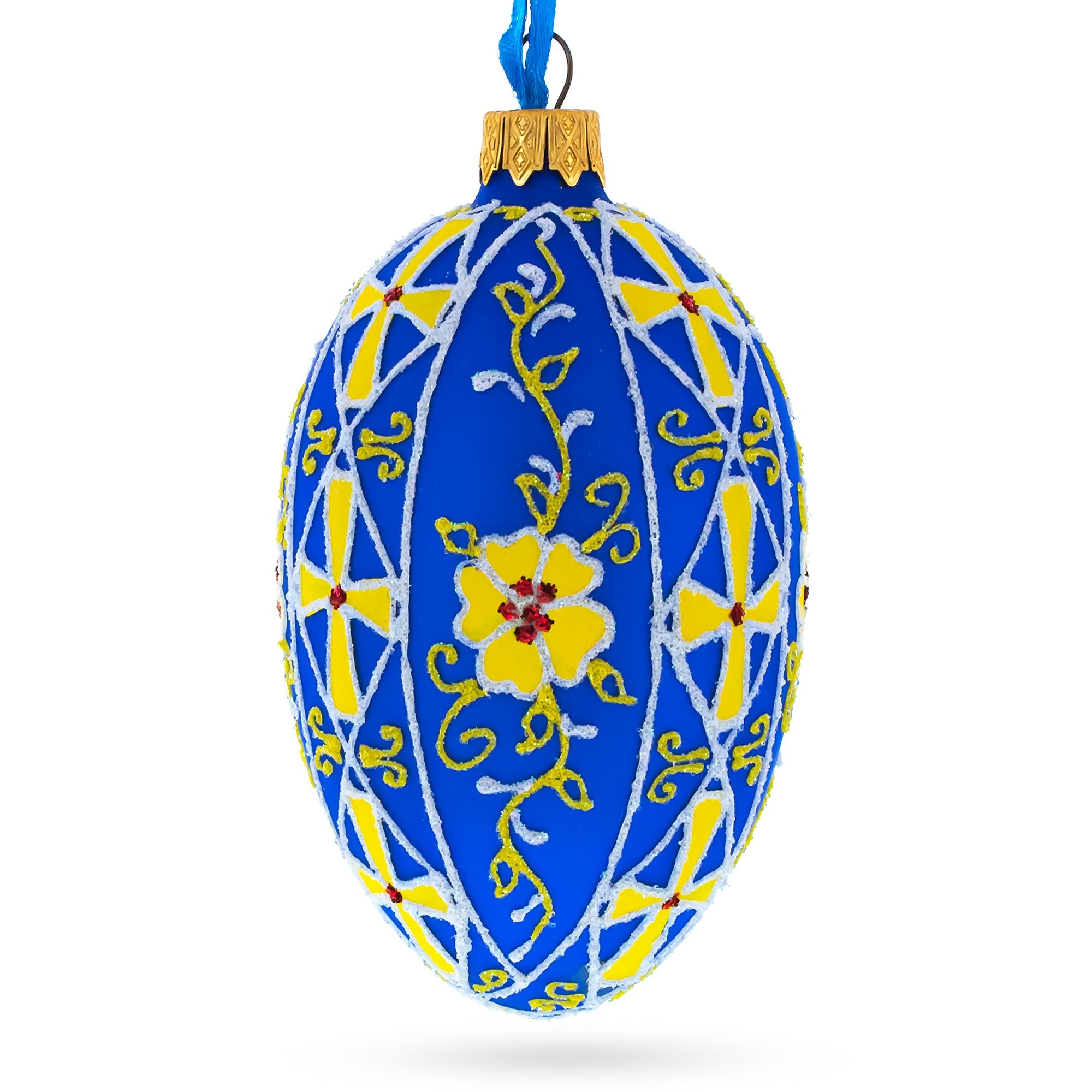 Sunlit Blossoms: Blue With Yellow Floral Design Glass Egg Ornament 4 Inches