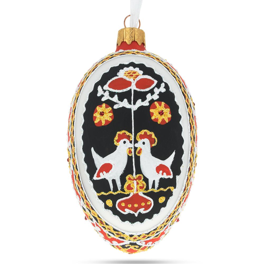 Two Roosters Ukrainian Glass Egg Ornament 4 Inches