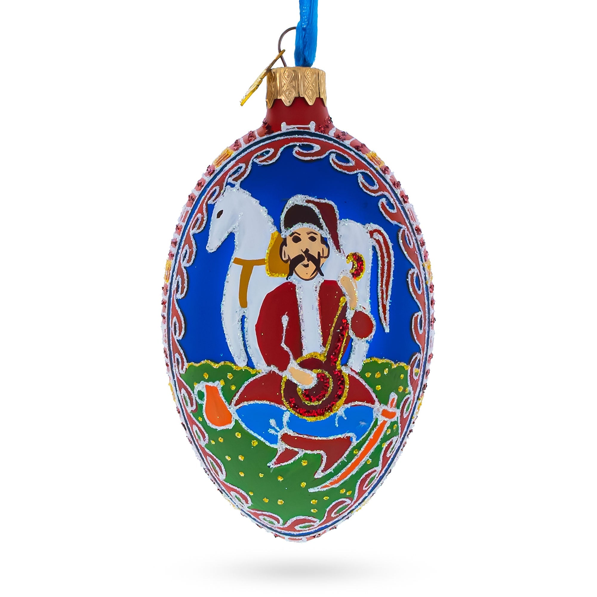 Kozak With Kobza Ukrainian Glass Egg Ornament 4 Inches