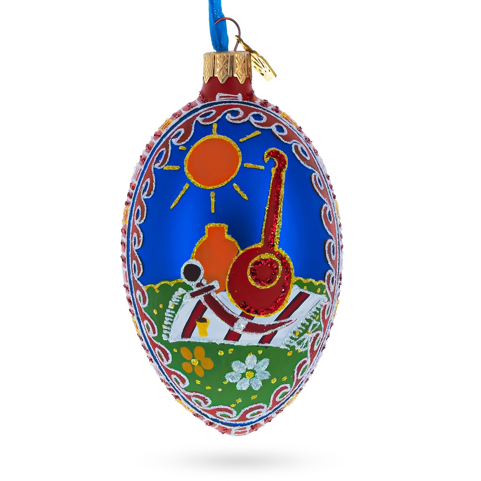 Kozak With Kobza Ukrainian Glass Egg Ornament 4 Inches