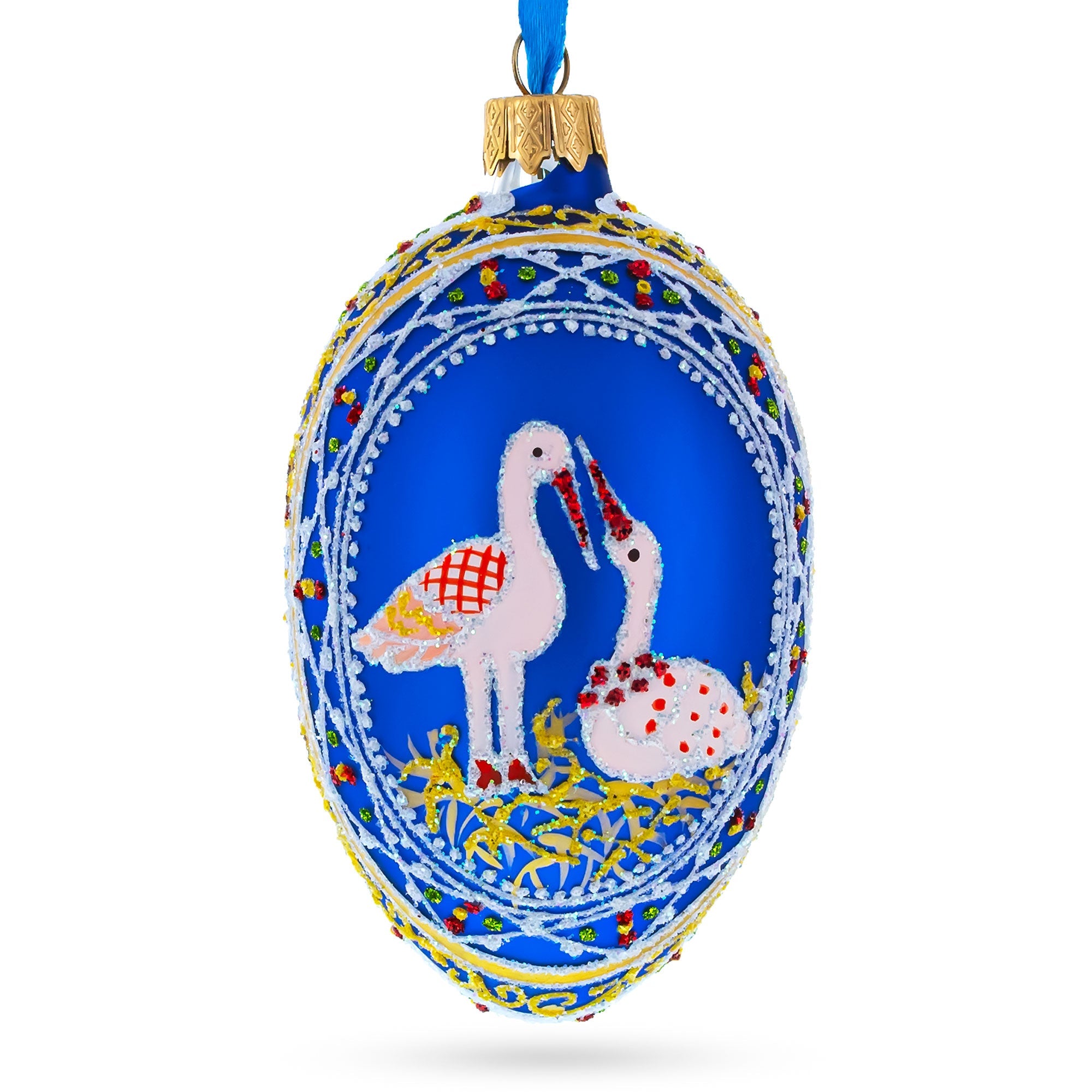 Storks Family Glass Egg Ornament 4 Inches