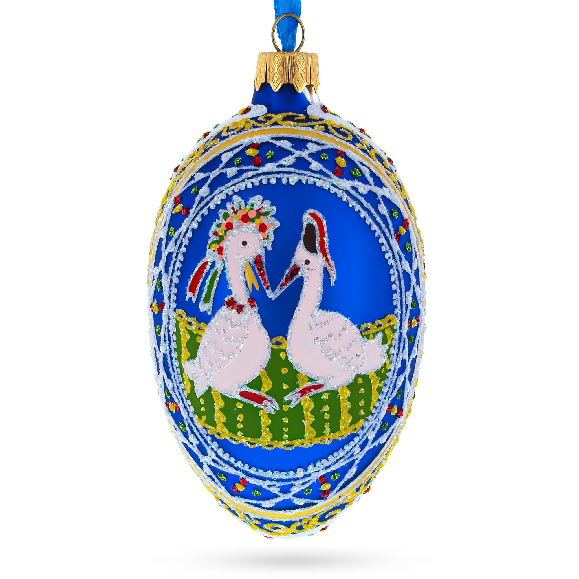 Storks Family Glass Egg Ornament 4 Inches