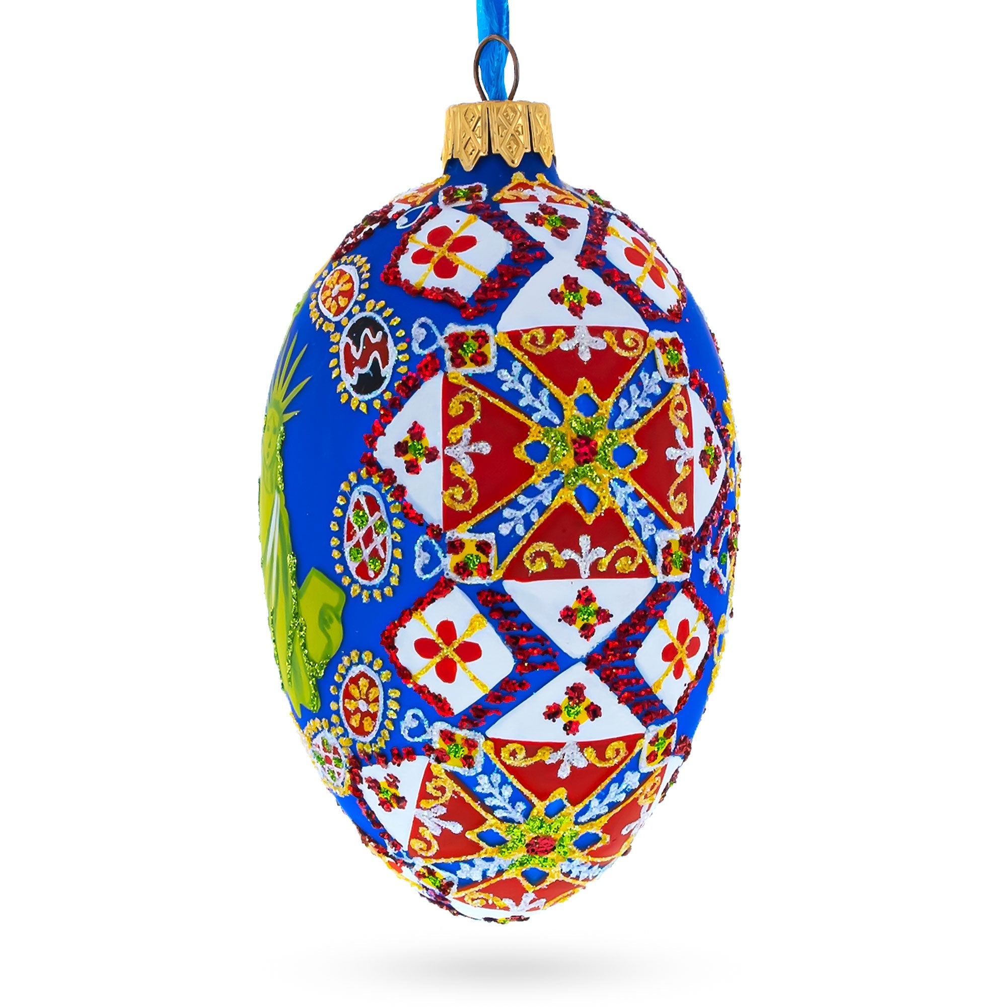 Statue Of Liberty Ukrainian Style Glass Egg Ornament 4 Inches