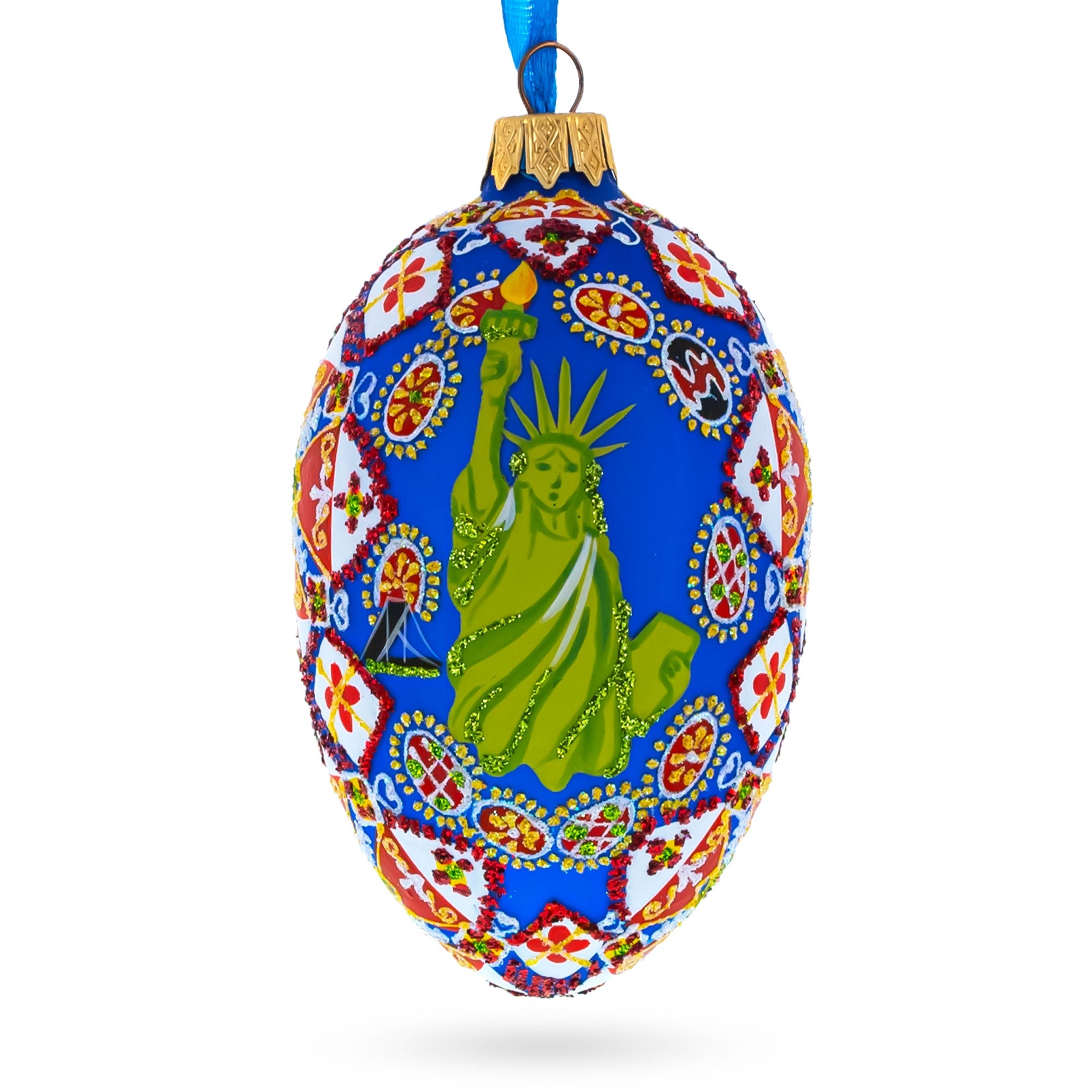 Statue Of Liberty Ukrainian Style Glass Egg Ornament 4 Inches