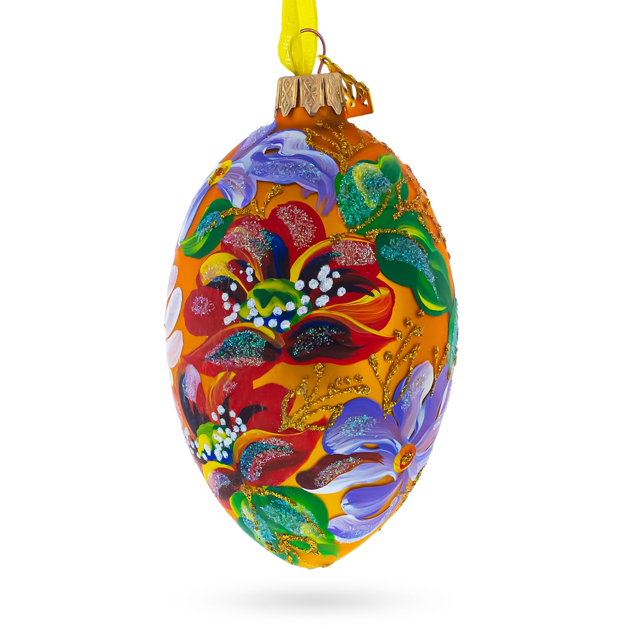 Poppy & Daisy Flowers Glass Egg Ornament 4 Inches