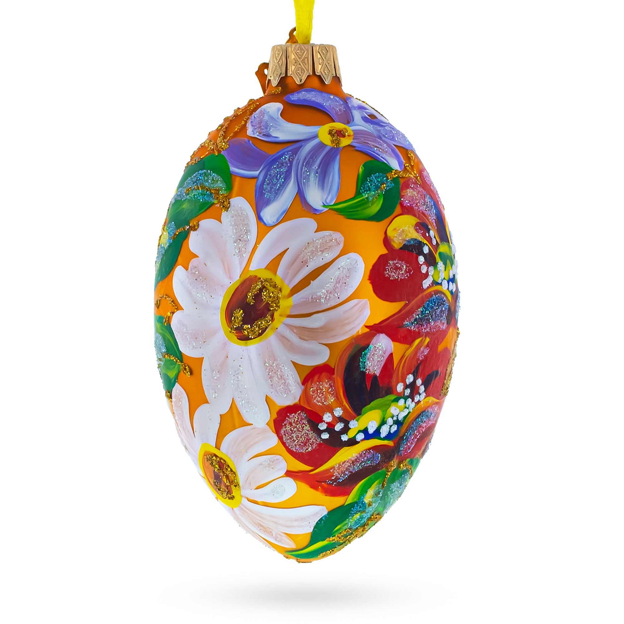 Poppy & Daisy Flowers Glass Egg Ornament 4 Inches