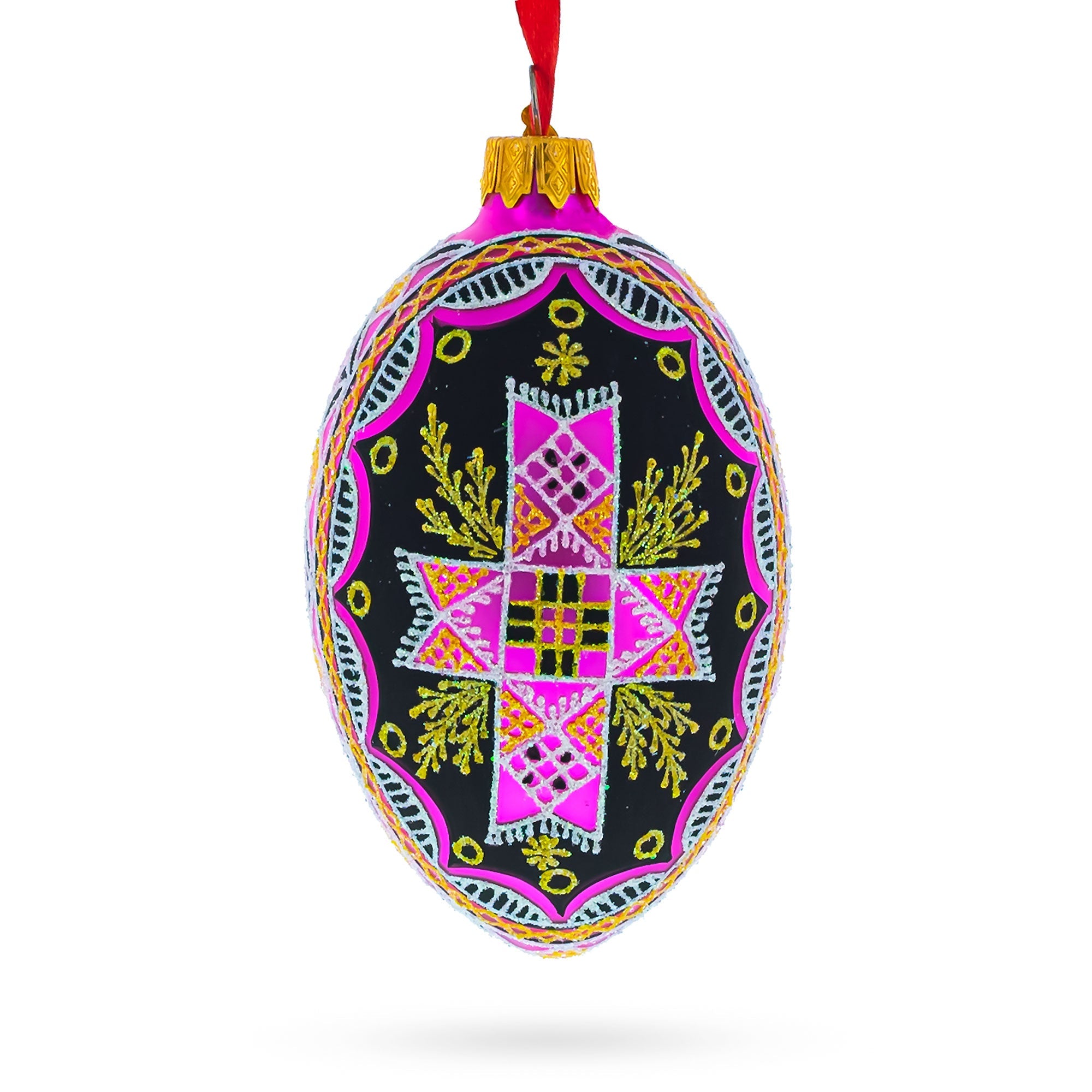 Cross Ukrainian Glass Egg Ornament 4 Inches