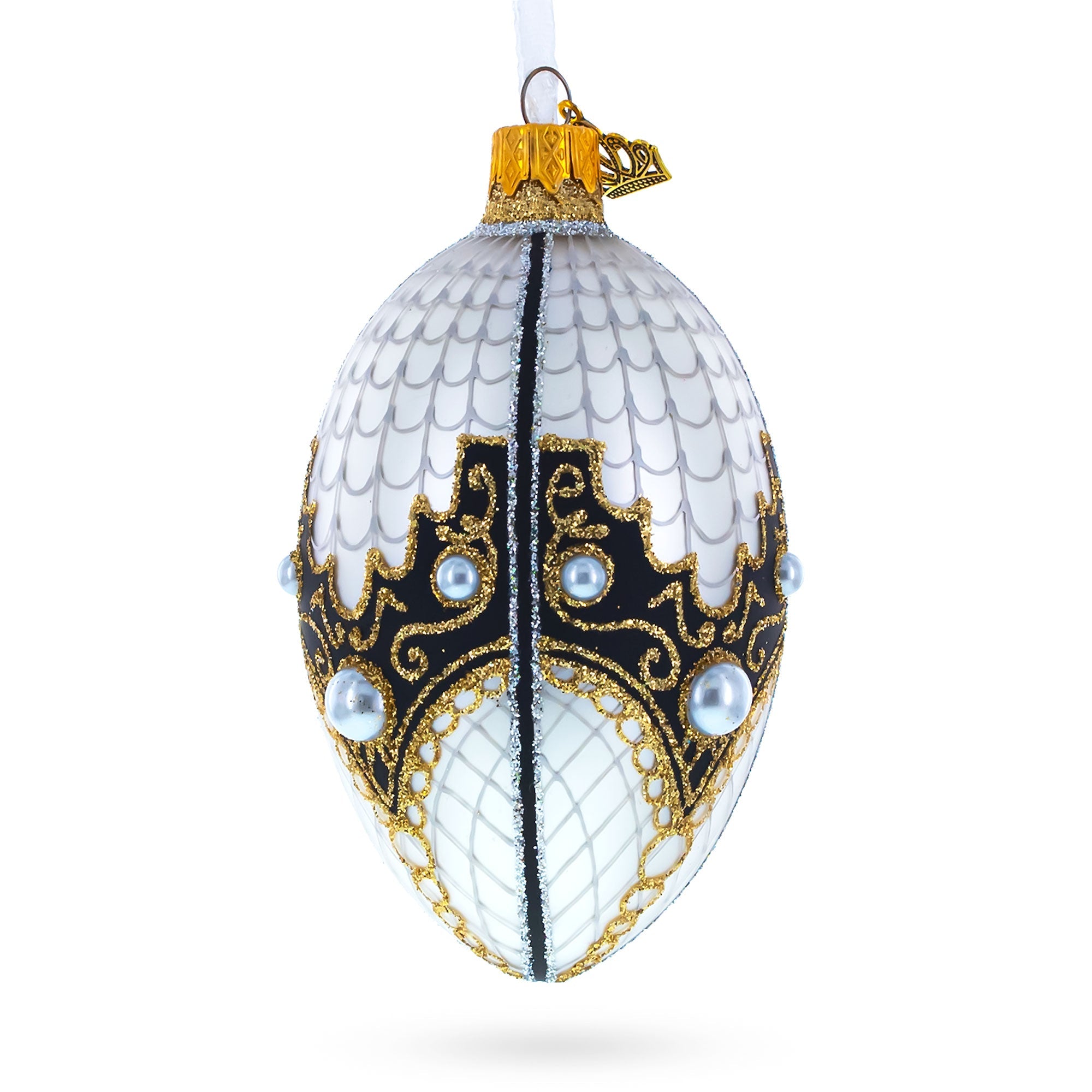 Mother Of Pearl On White Glass Egg Christmas Ornament 4 Inches