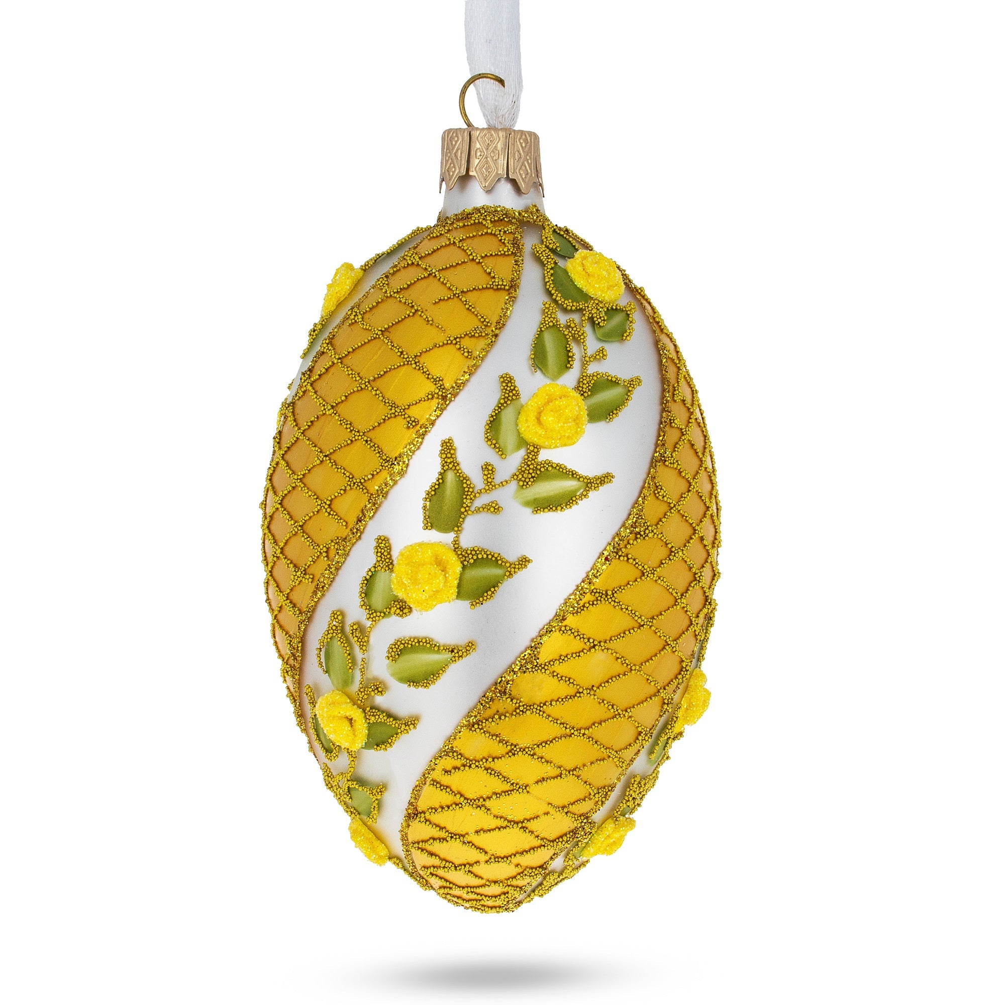 Yellow Flowers Glass Egg Christmas Ornament 4 Inches