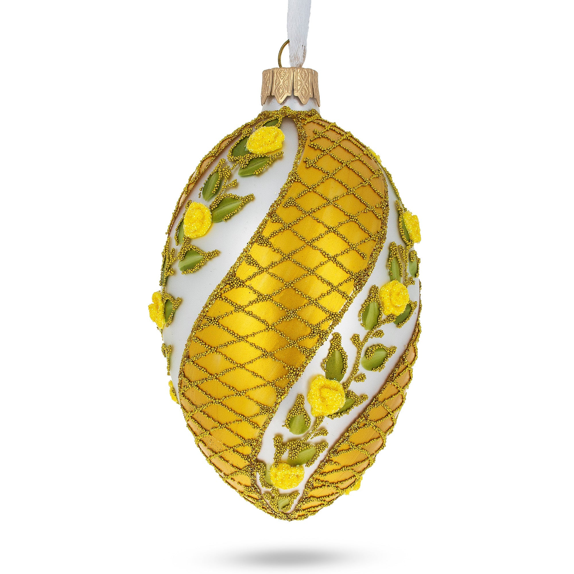 Yellow Flowers Glass Egg Christmas Ornament 4 Inches