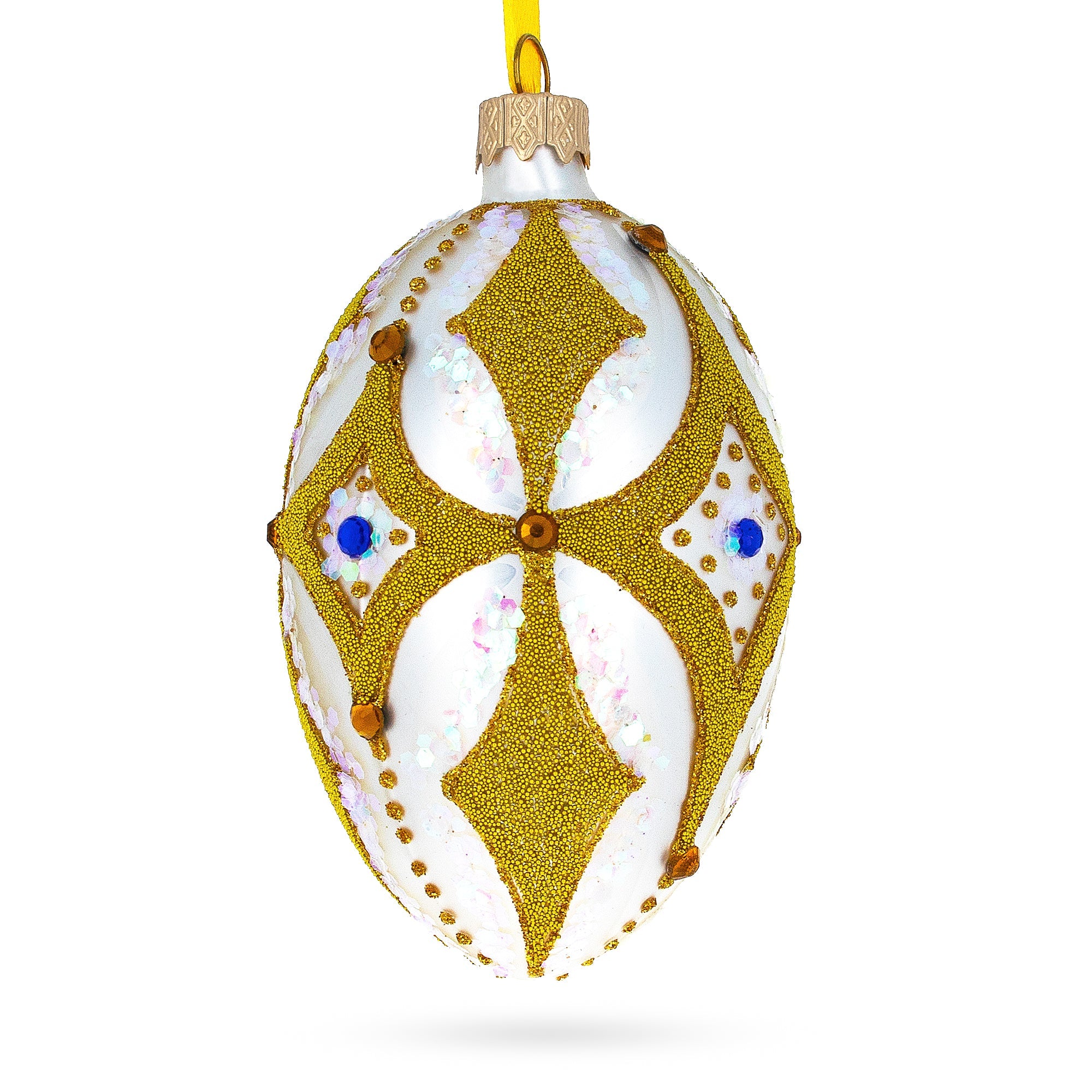 Golden Rhombus On White Glass Egg Ornament 4 Inches