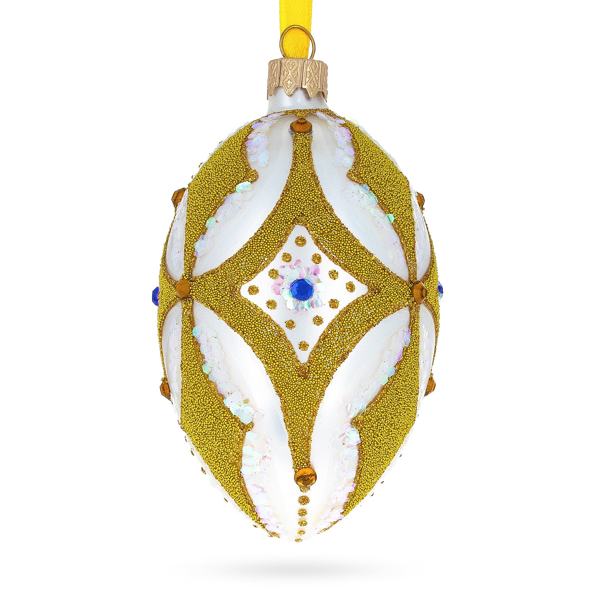 Golden Rhombus On White Glass Egg Ornament 4 Inches