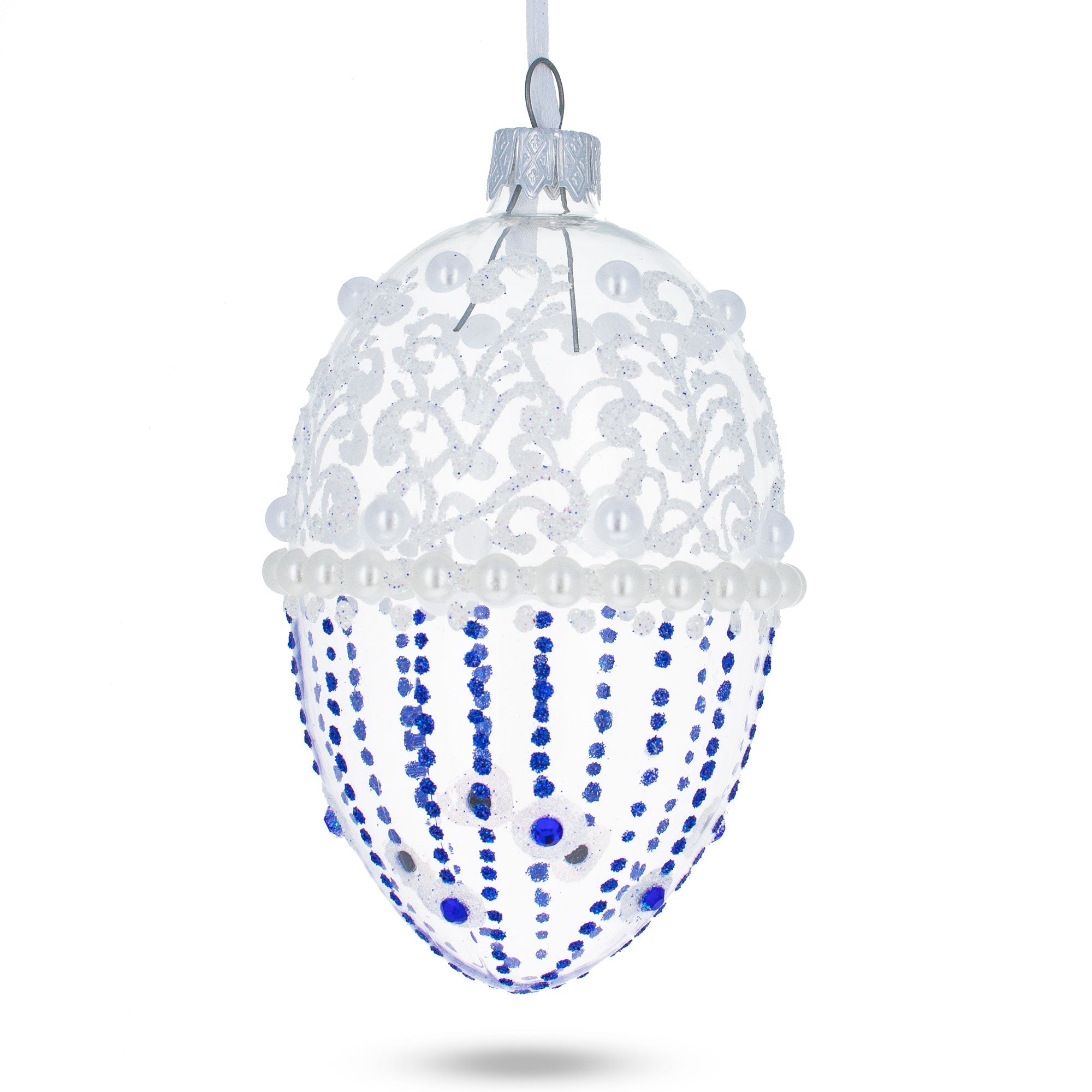 Pearls On Frosted Glass Egg Ornament 4 Inches