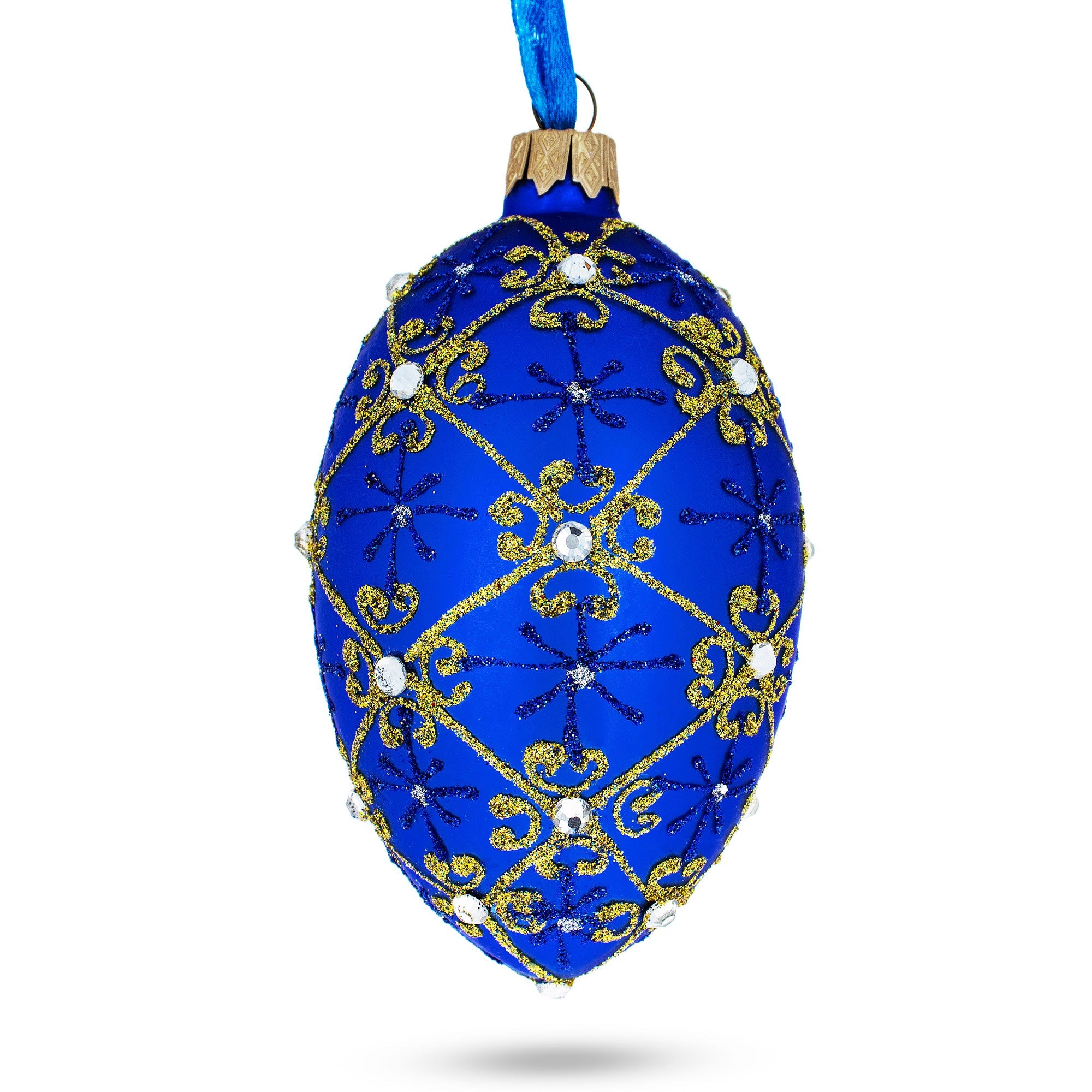 Jeweled Trellis On Blue Glass Egg Ornament 4 Inches