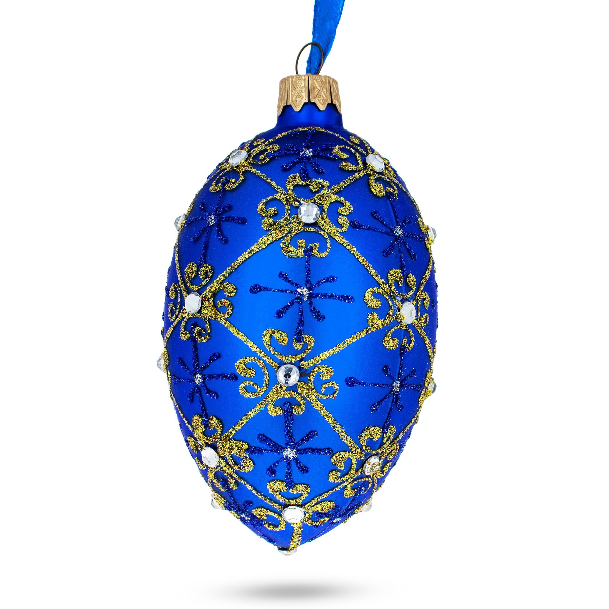 Jeweled Trellis On Blue Glass Egg Ornament 4 Inches