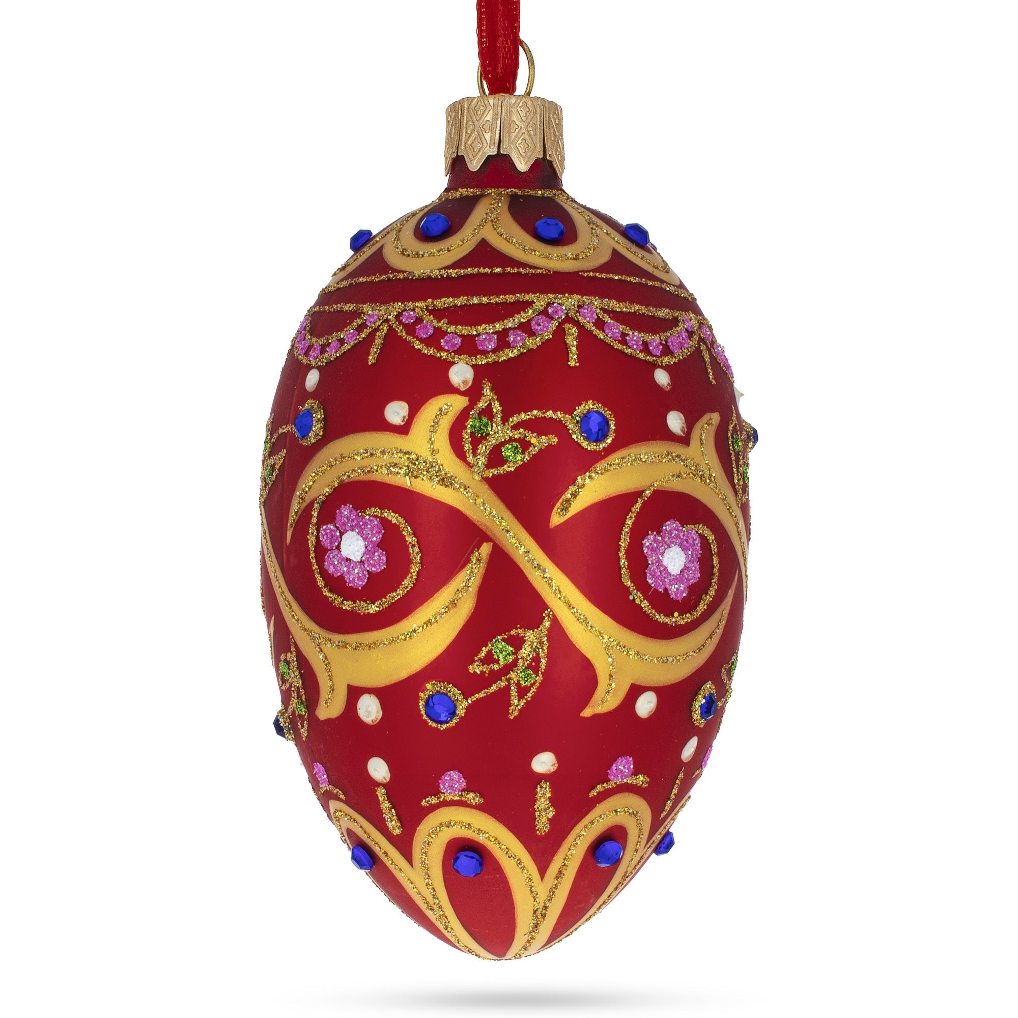 Blue Jewels On Red Glass Egg Ornament 4 Inches