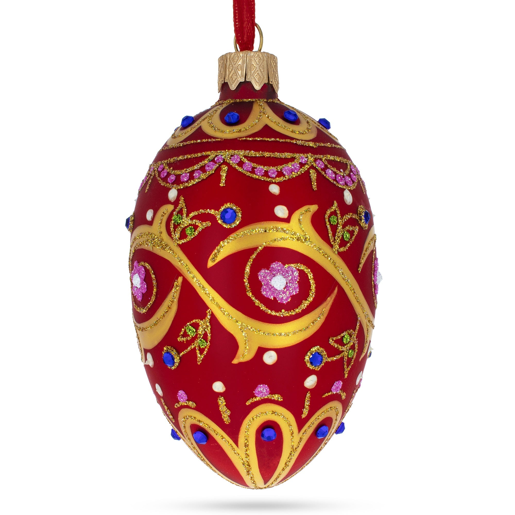 Blue Jewels On Red Glass Egg Ornament 4 Inches