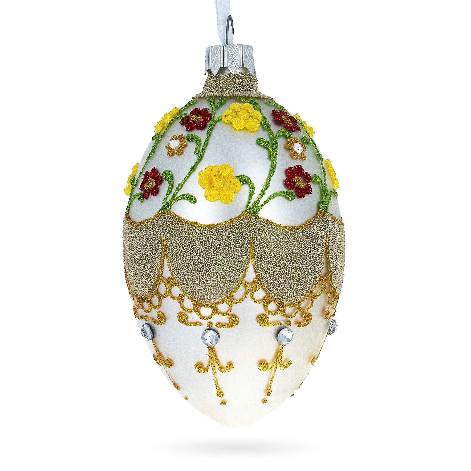 Multicolor Flowers On White Glass Egg Ornament 4 Inches