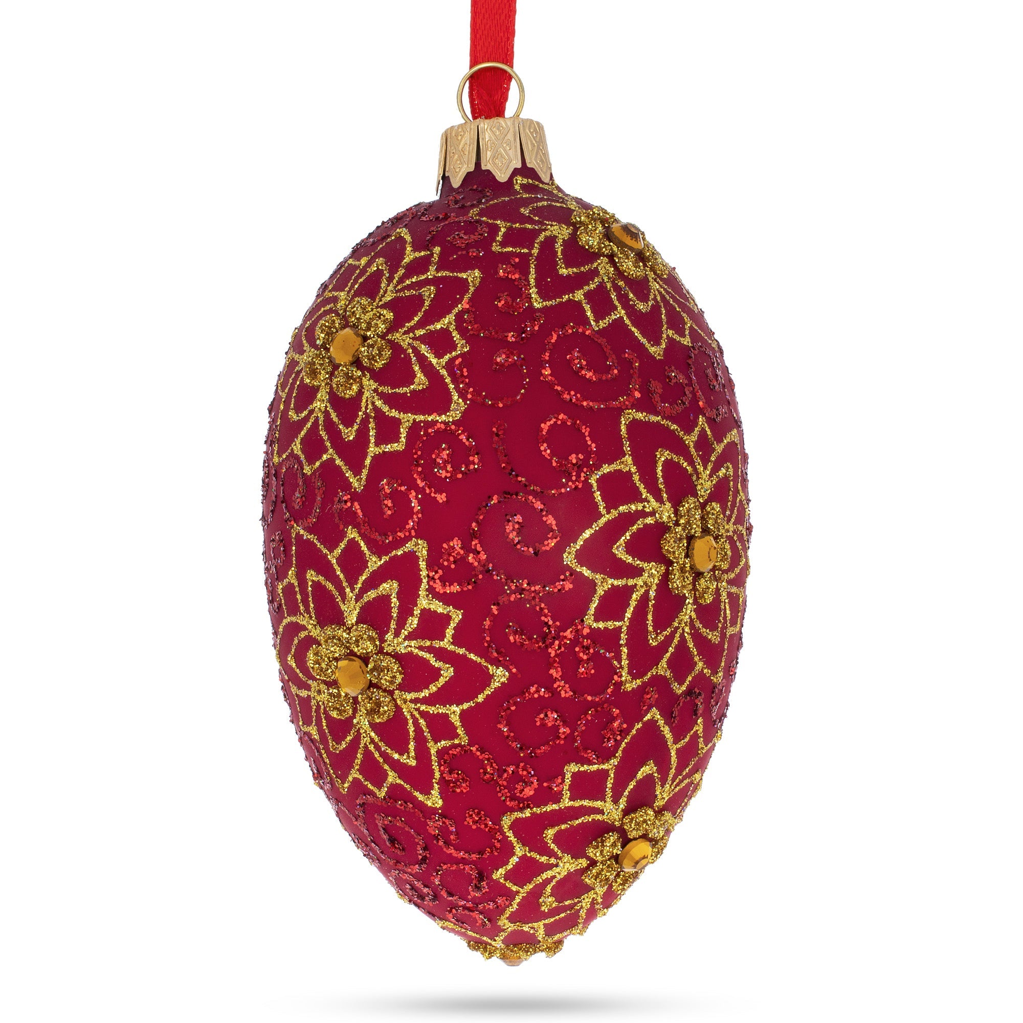 Golden Flower On Red Glass Egg Ornament 4 Inches