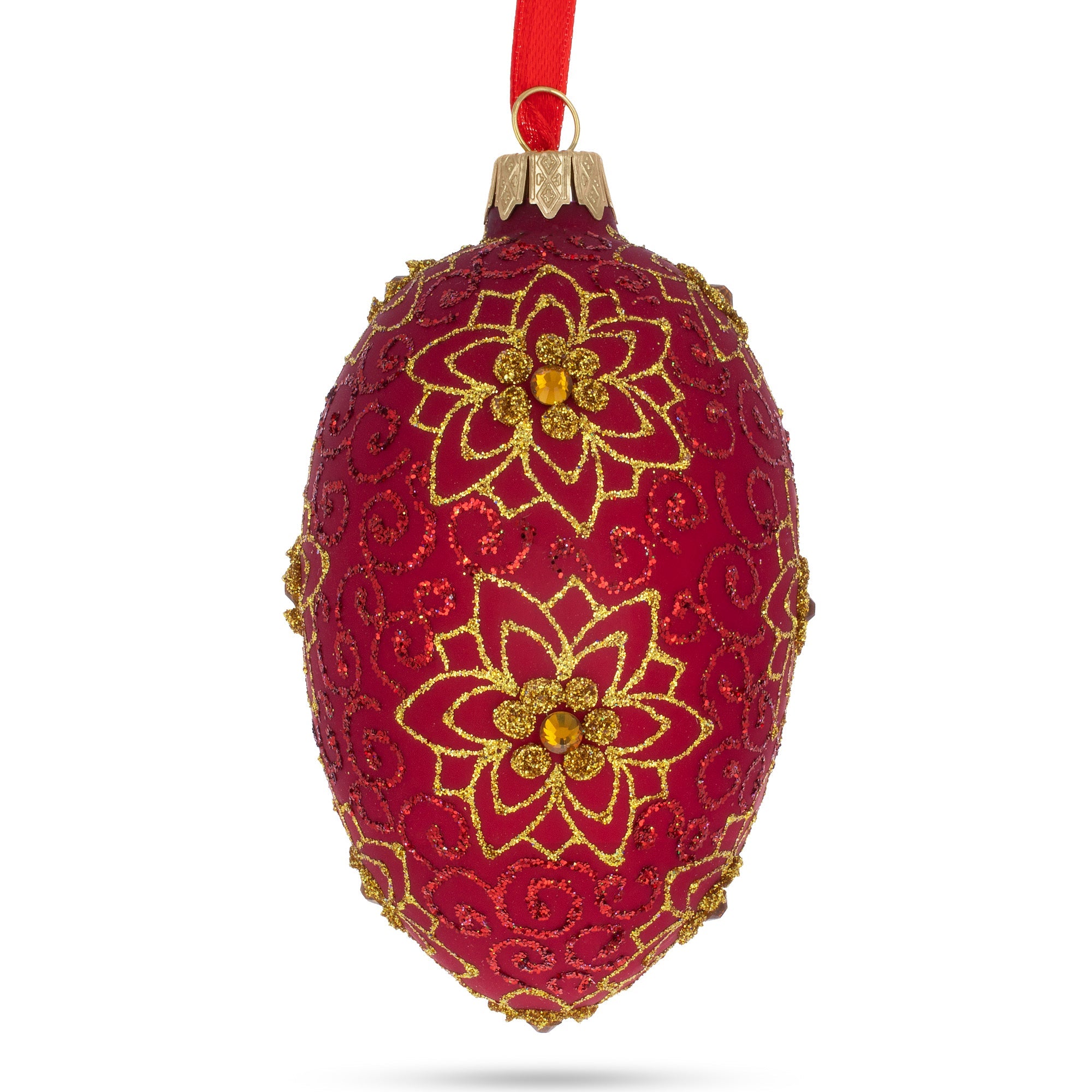 Golden Flower On Red Glass Egg Ornament 4 Inches