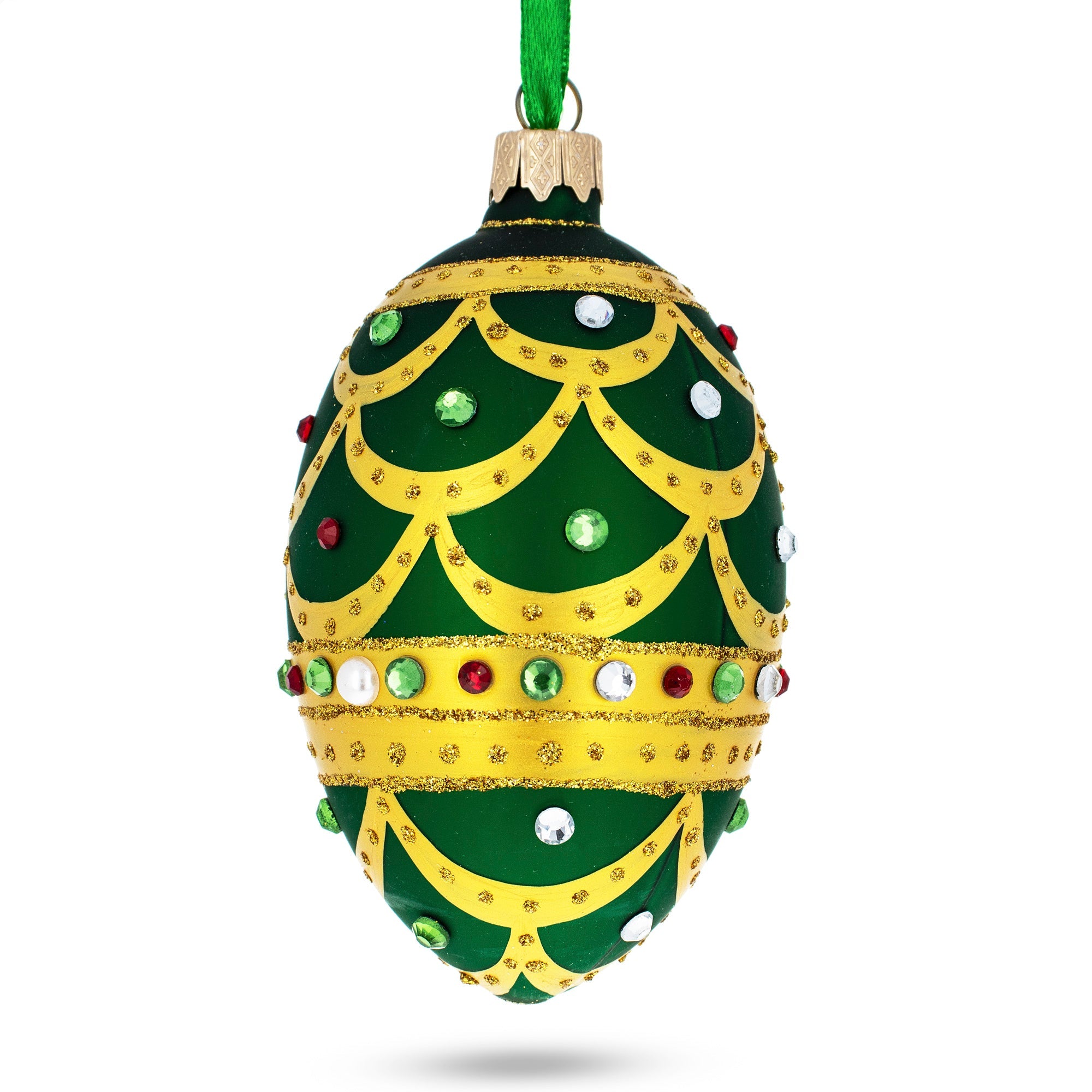 Gold Scallop On Green Jeweled Egg Glass Ornament 4 Inches